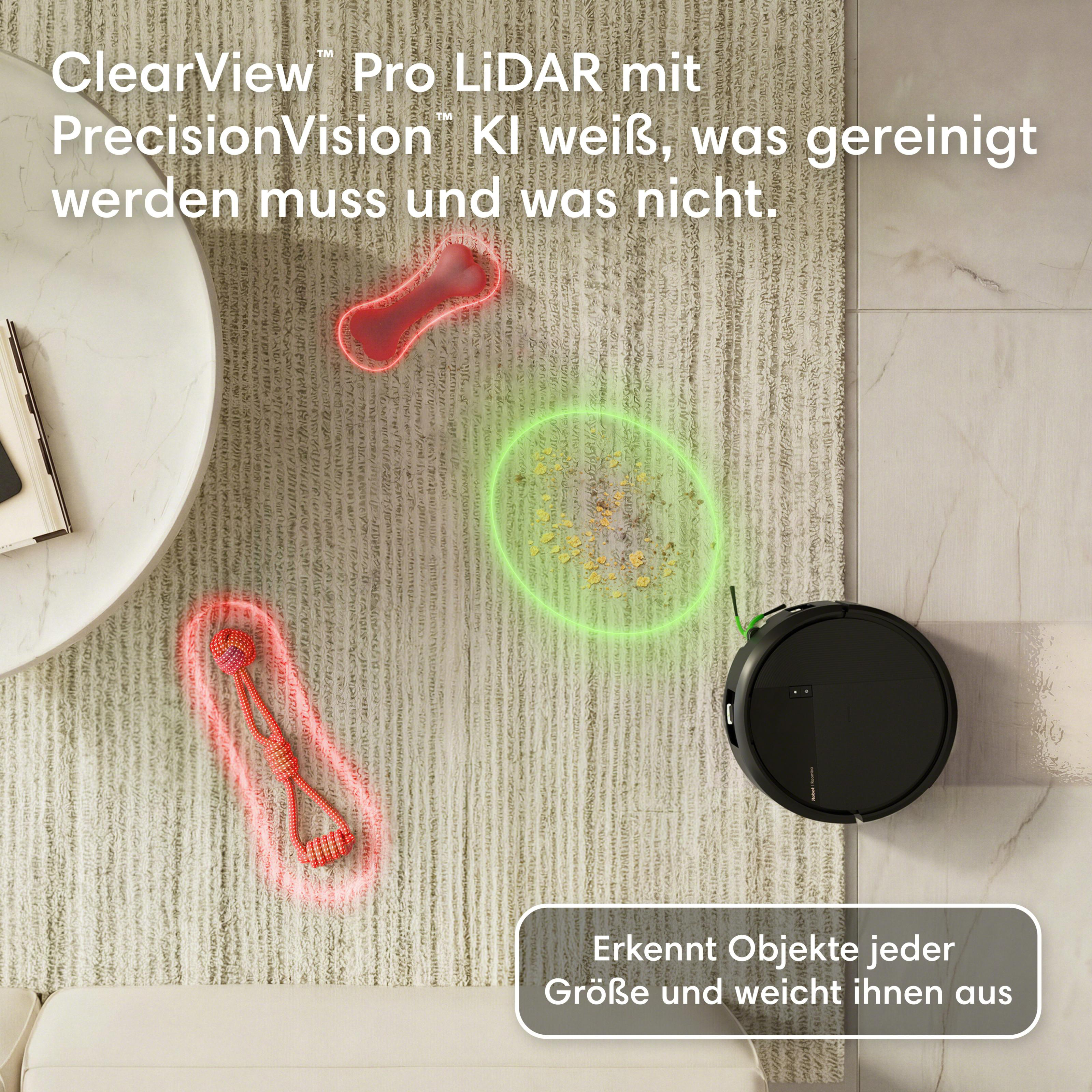 Ein Saugroboter identifiziert Hindernisse wie Spielzeug auf einem Teppich.