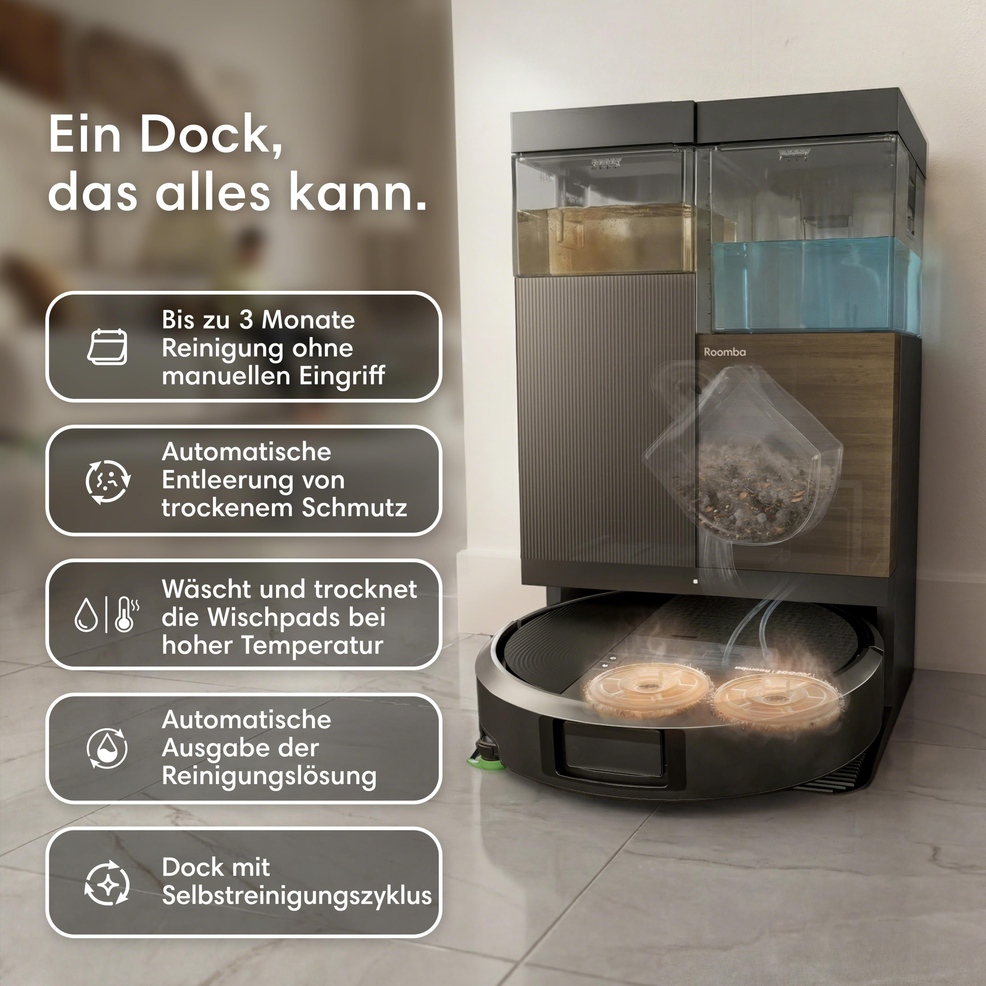 Ein multifunktionales Dock für einen Roboterstaubsauger mit verschiedenen Reinigungsfunktionen.