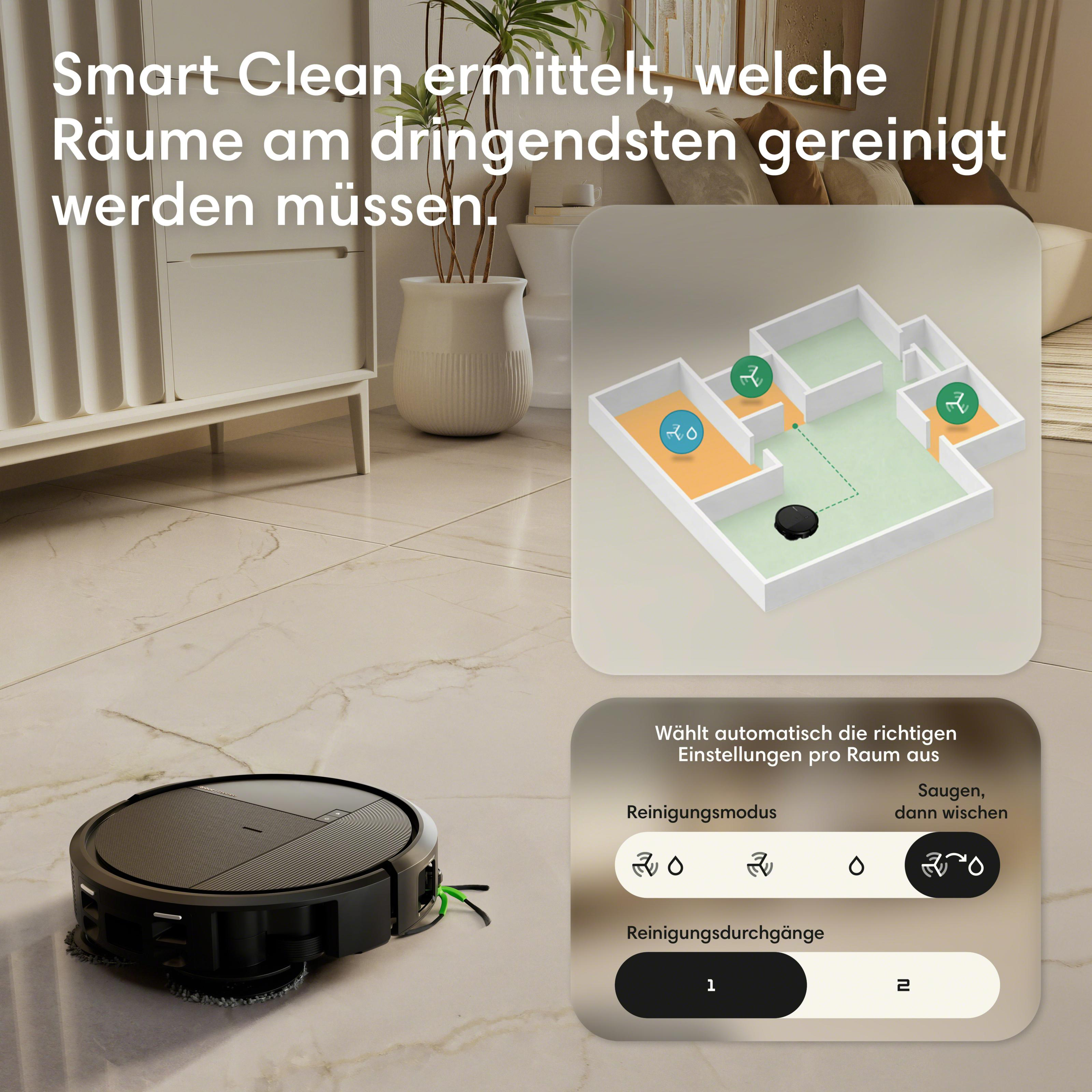 Ein Saugroboter auf einem Marmorboden mit einer App-Ansicht, die eine Raumkarte zeigt.