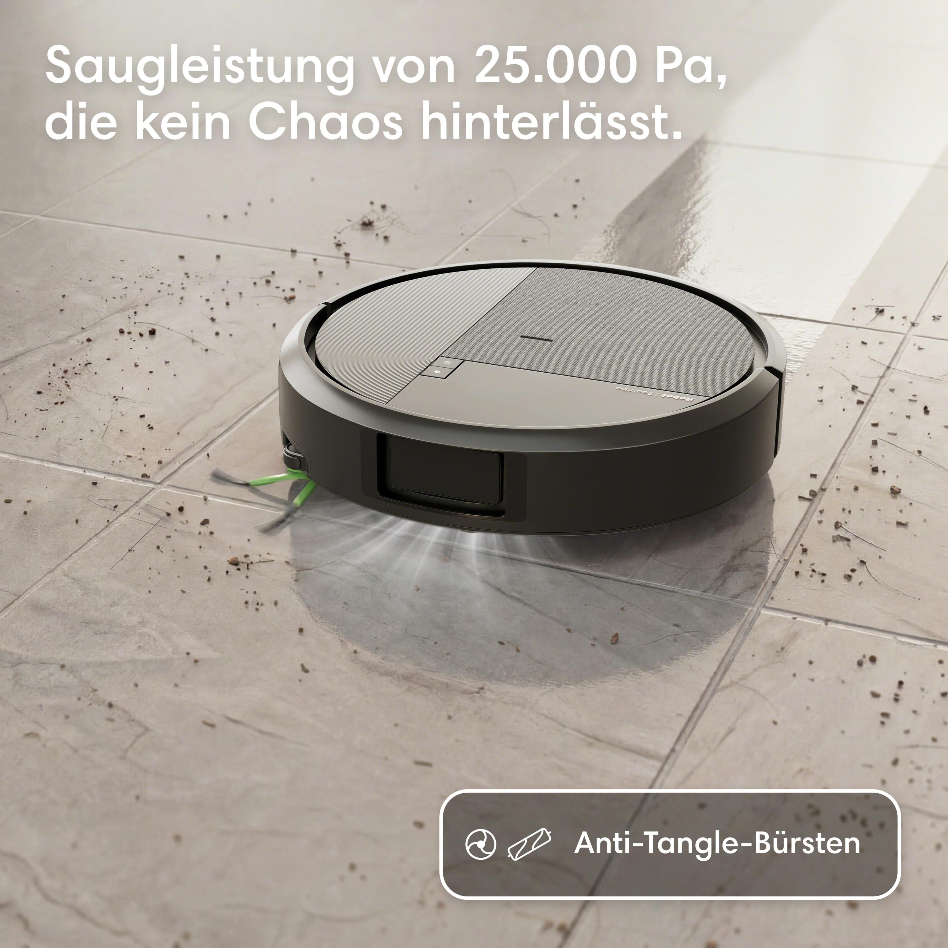 Ein Saugroboter reinigt einen schmutzigen Fliesenboden und hinterlässt eine Spur von Sauberkeit.