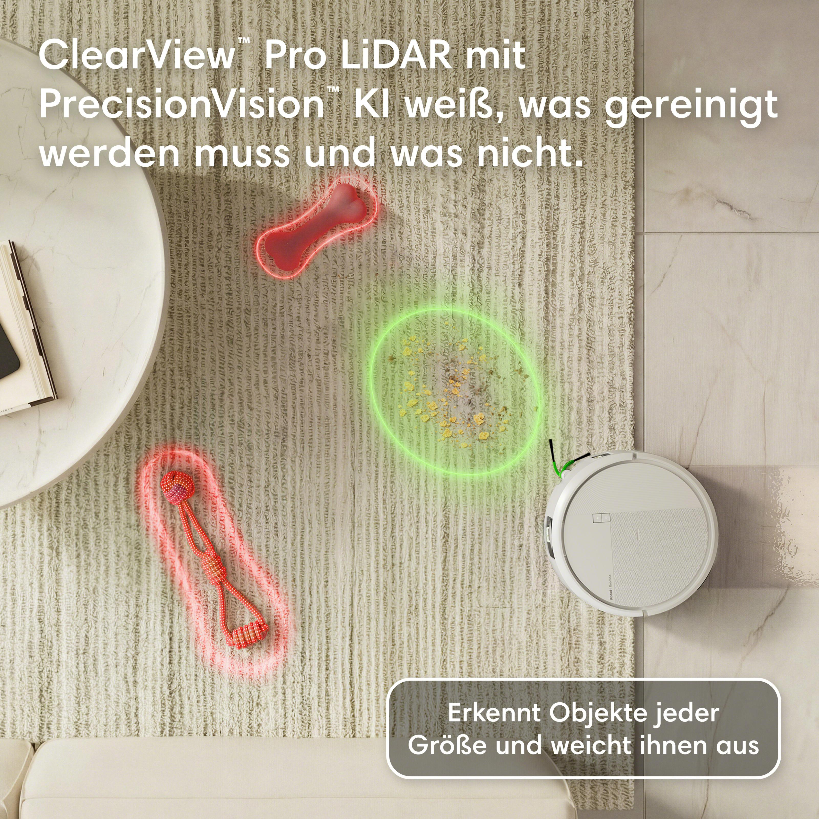 Ein weißer Saugroboter erkennt Objekte mit roten und grünen Lichtern auf einem Teppich.