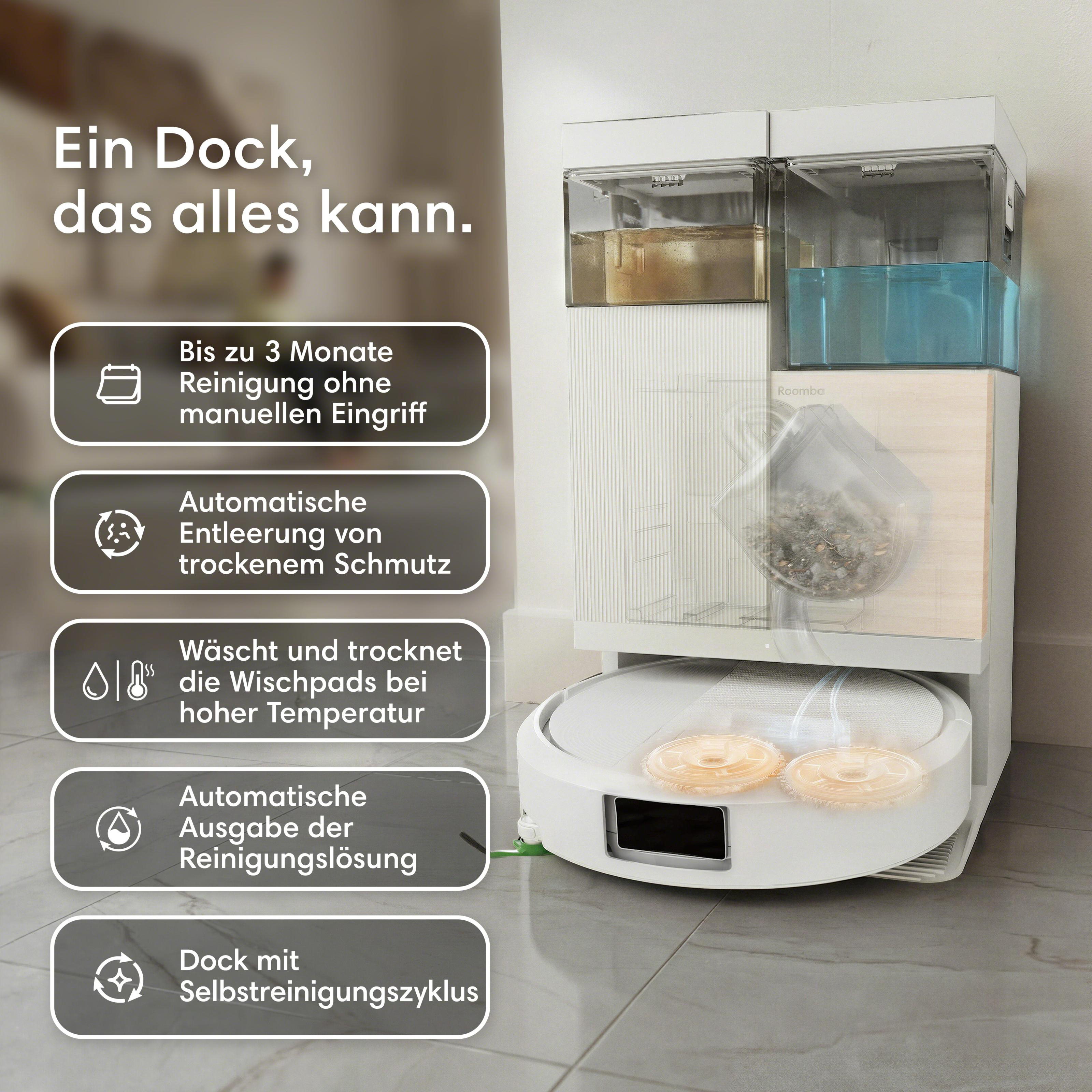 Ein weißer Saugroboter mit einer Dockingstation mit zwei Behältern.