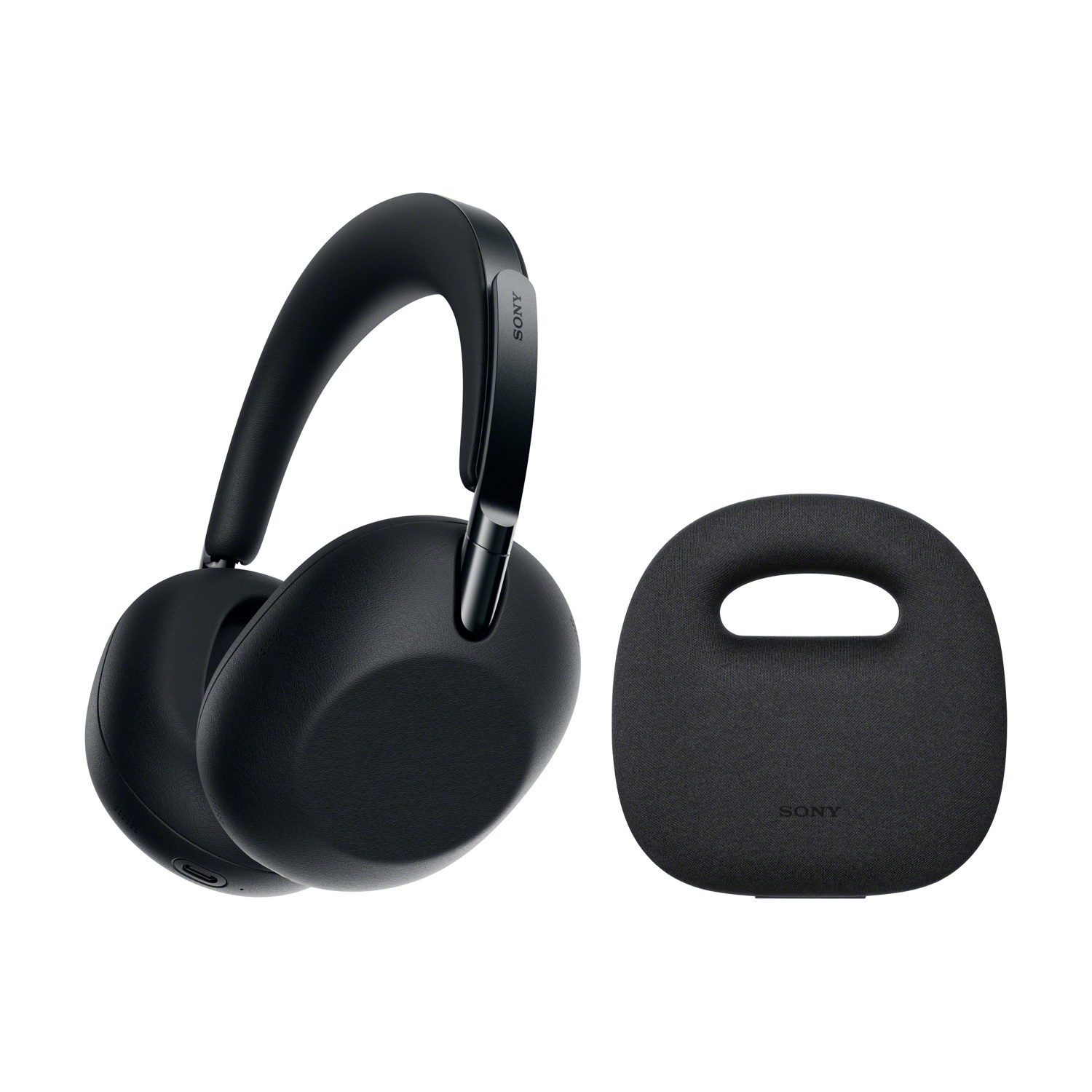 Cuffie nere e custodia nera con manico, logo Sony.