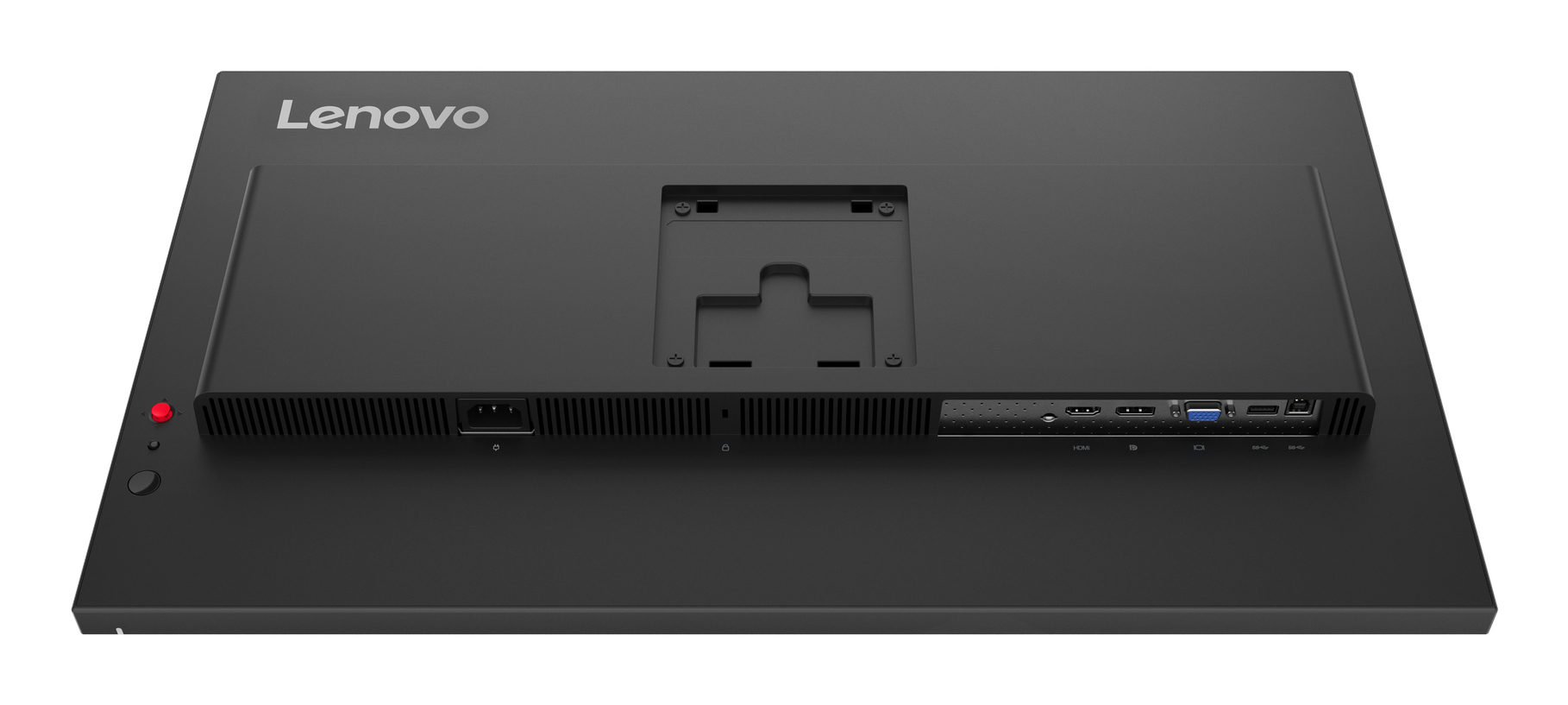 Tył czarnego monitora Lenovo z portami i czerwonym przyciskiem.