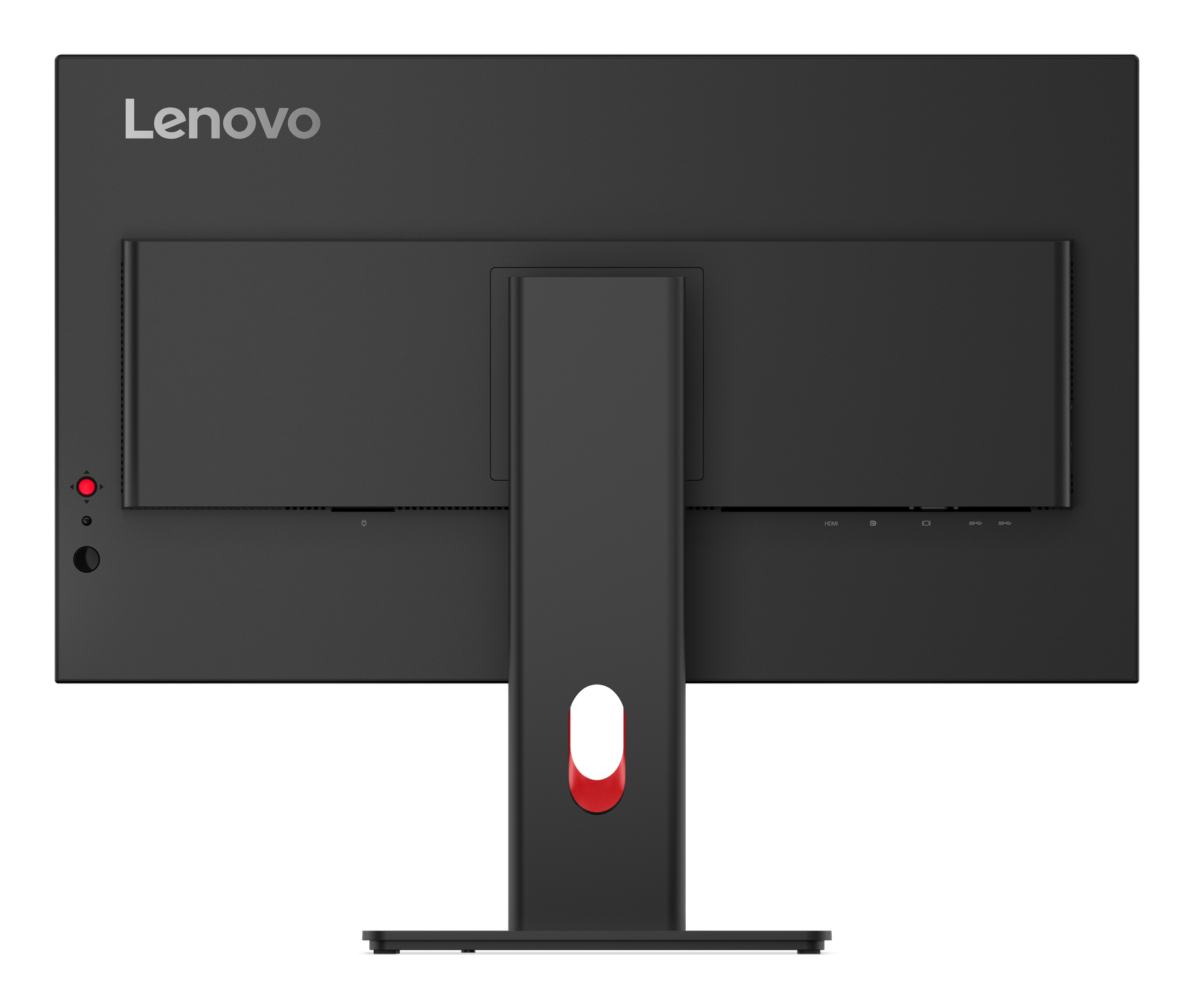 Tył czarnego monitora Lenovo z portem HDMI i czerwonym akcentem.