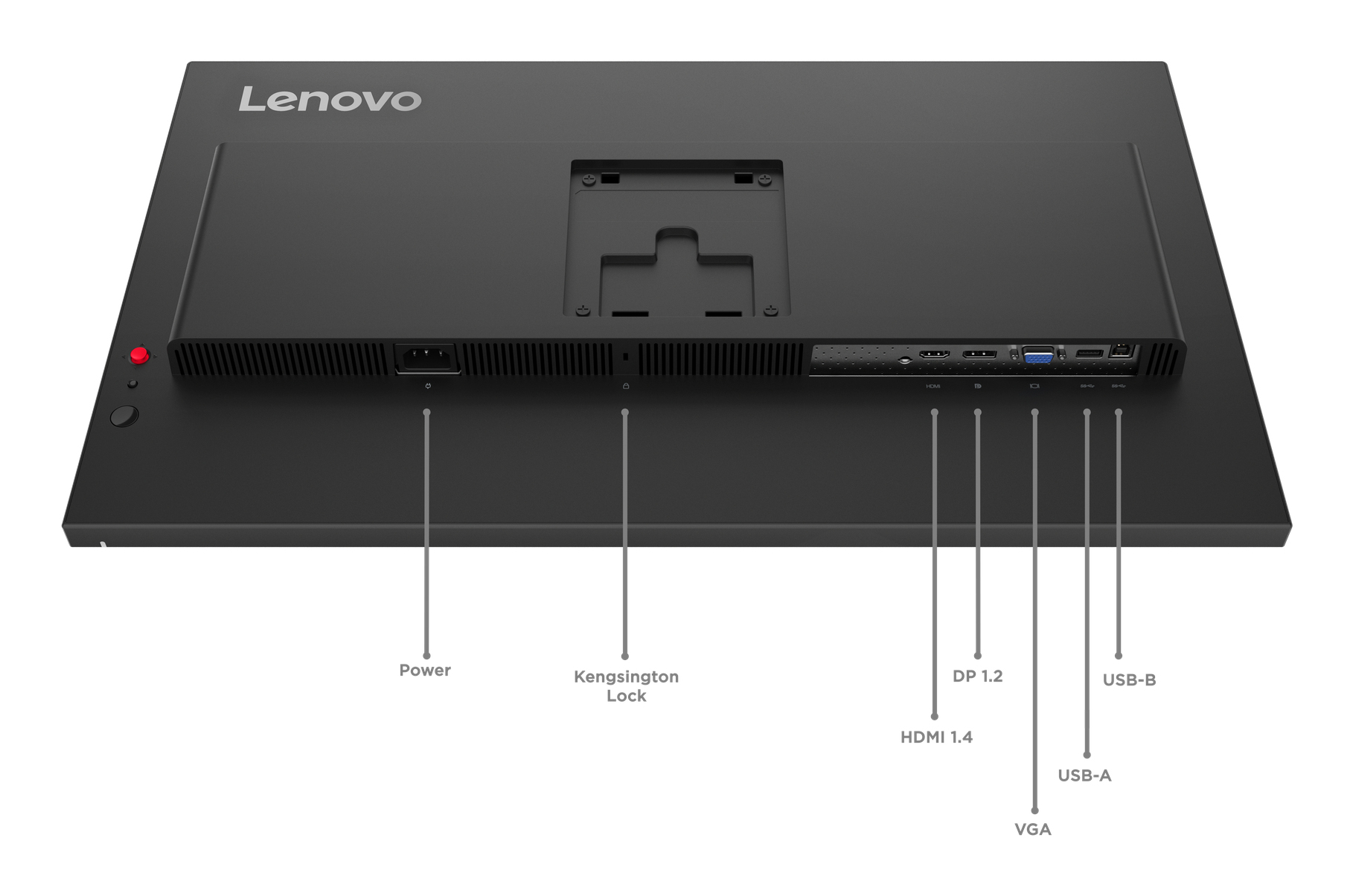 Tył czarnego monitora Lenovo z portami: Zasilanie, Blokada Kensington, HDMI, DP, USB i VGA.