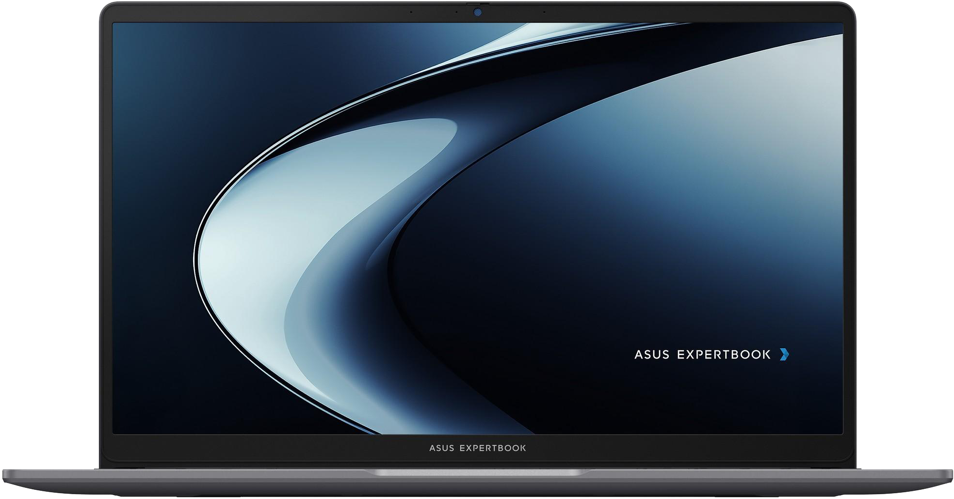 Egy zárt Asus Expertbook laptop sötét, absztrakt háttérrel a képernyőjén.
