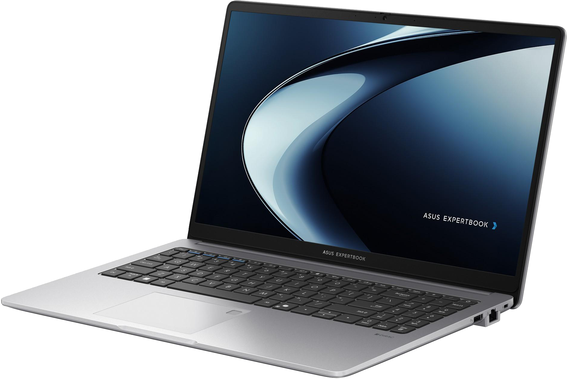 Ezüst ASUS ExpertBook laptop világító billentyűzettel és kék háttérképpel.