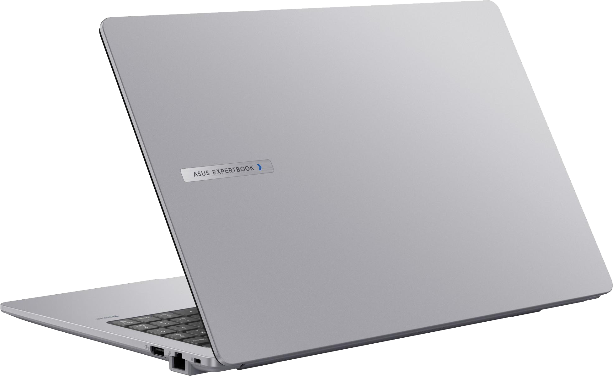 Egy ezüst Asus Expertbook laptop, félig nyitva, billentyűzettel és portokkal.