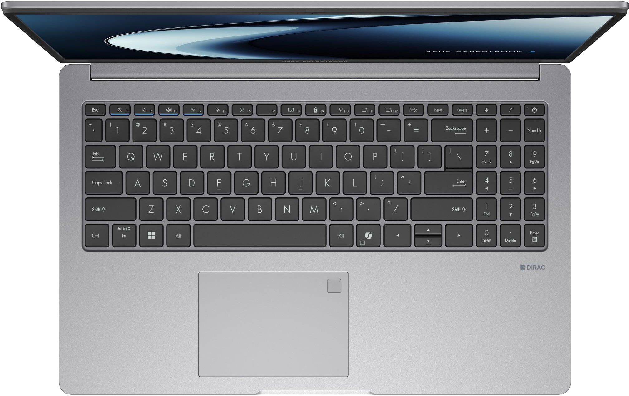 Egy nyitott ezüst laptop fekete billentyűzettel és érintőpaddal.