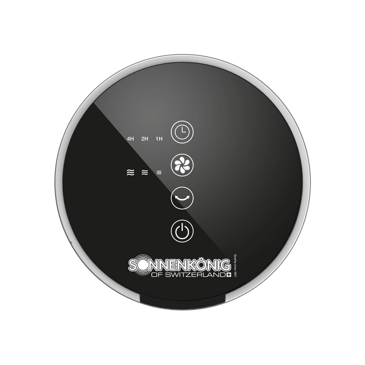 Schwarzes rundes Gerät mit Touch-Bedienung: Timer, Lüfter, Oszillation, Strom. SONNENKÖNIG-Logo.