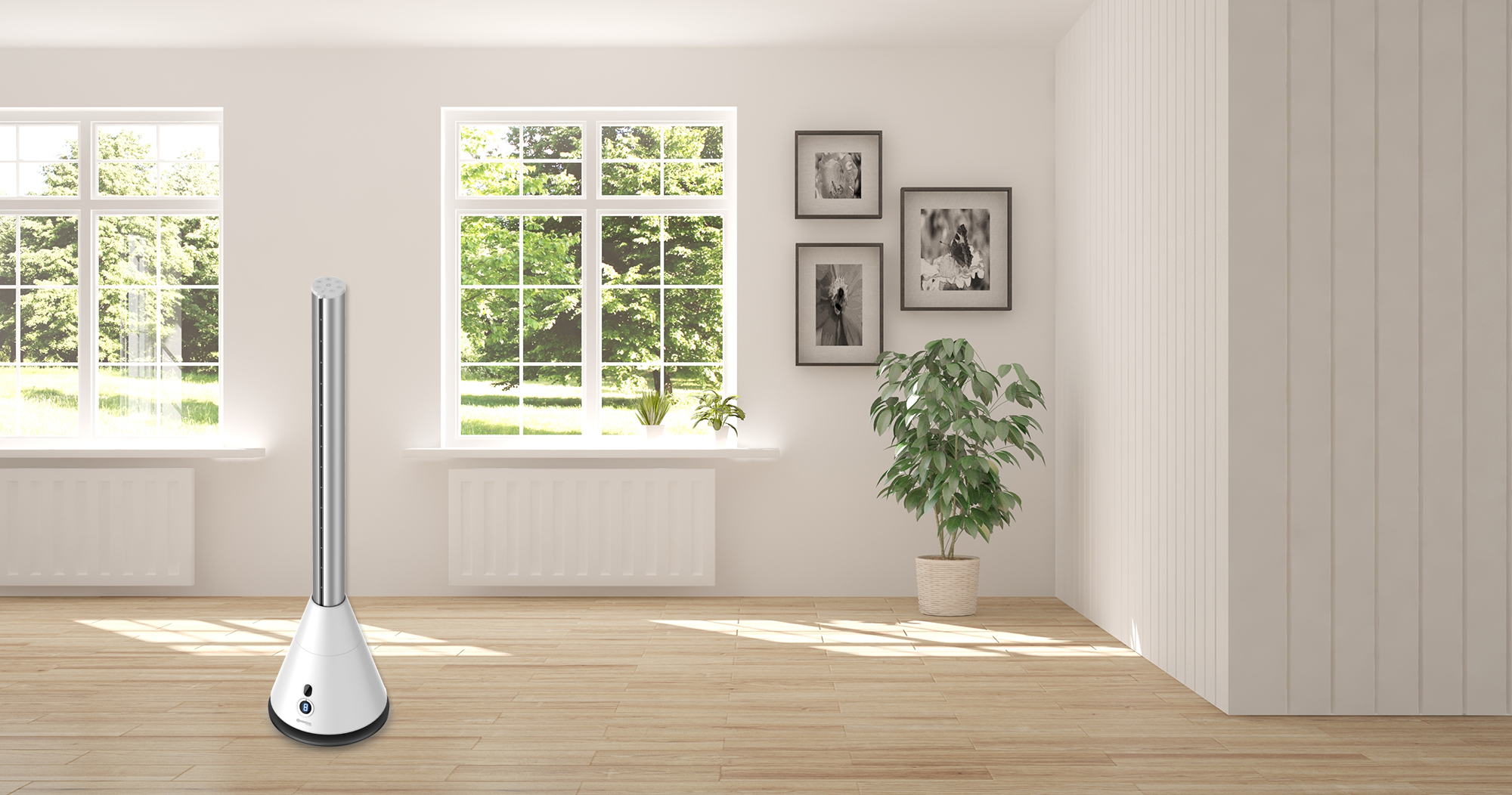 Ein moderner weißer Turmventilator steht in einem hellen Raum mit Holzboden und Fenstern.