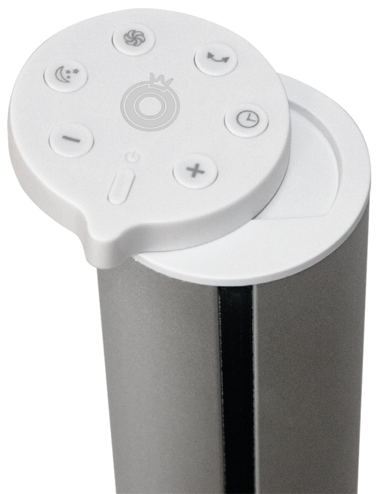 Weiße Fernbedienung mit Symbolen für Ventilator, Mond, Uhr, Plus und Minus.