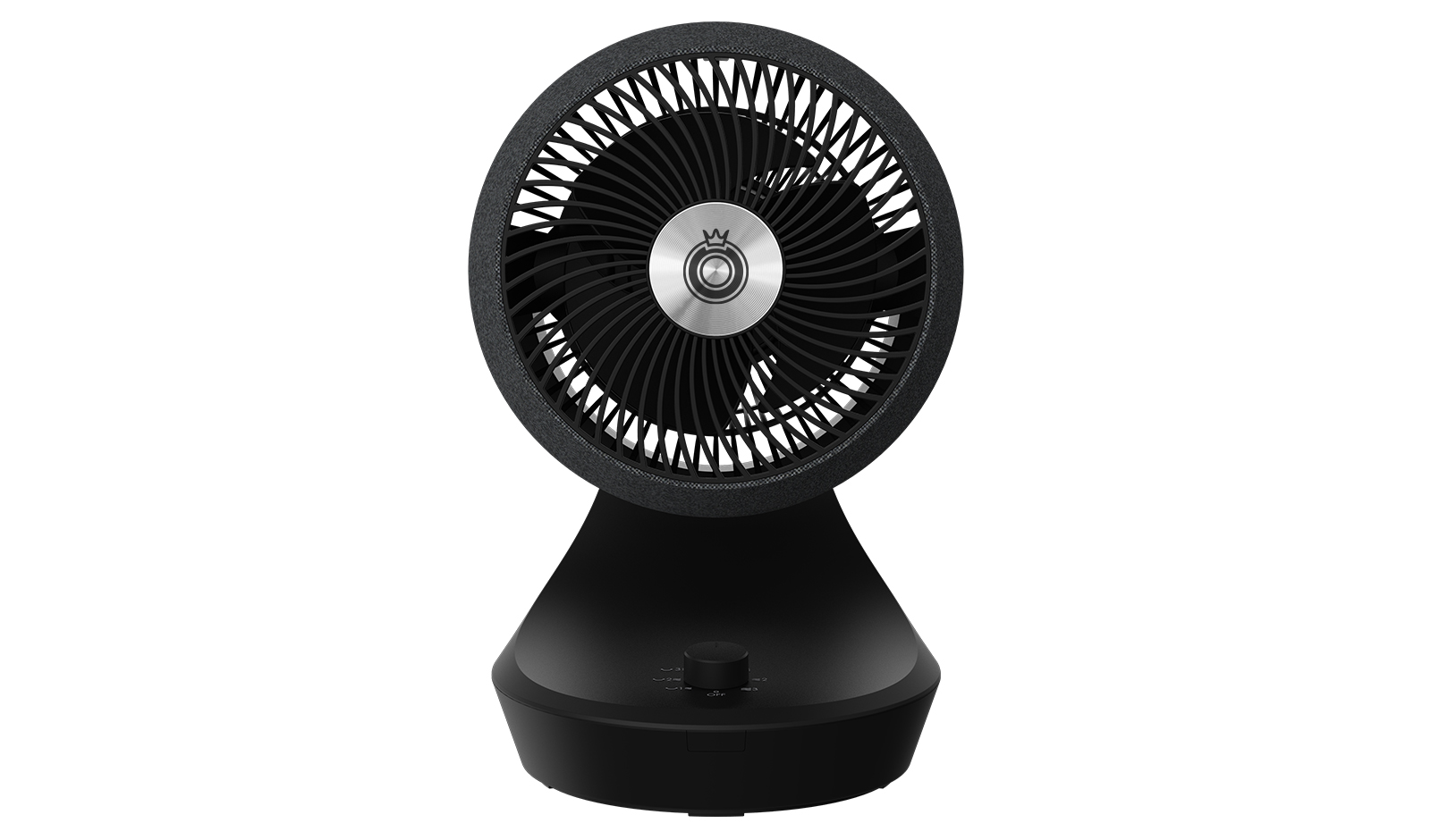Ein schwarzer Tischventilator mit einem runden Kopf und einem breiten Sockel.