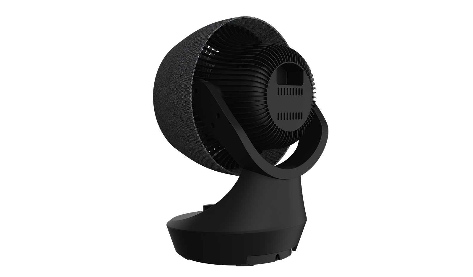 Ein schwarzer Ventilator mit grauem Stoffbezug auf einem weißen Hintergrund.