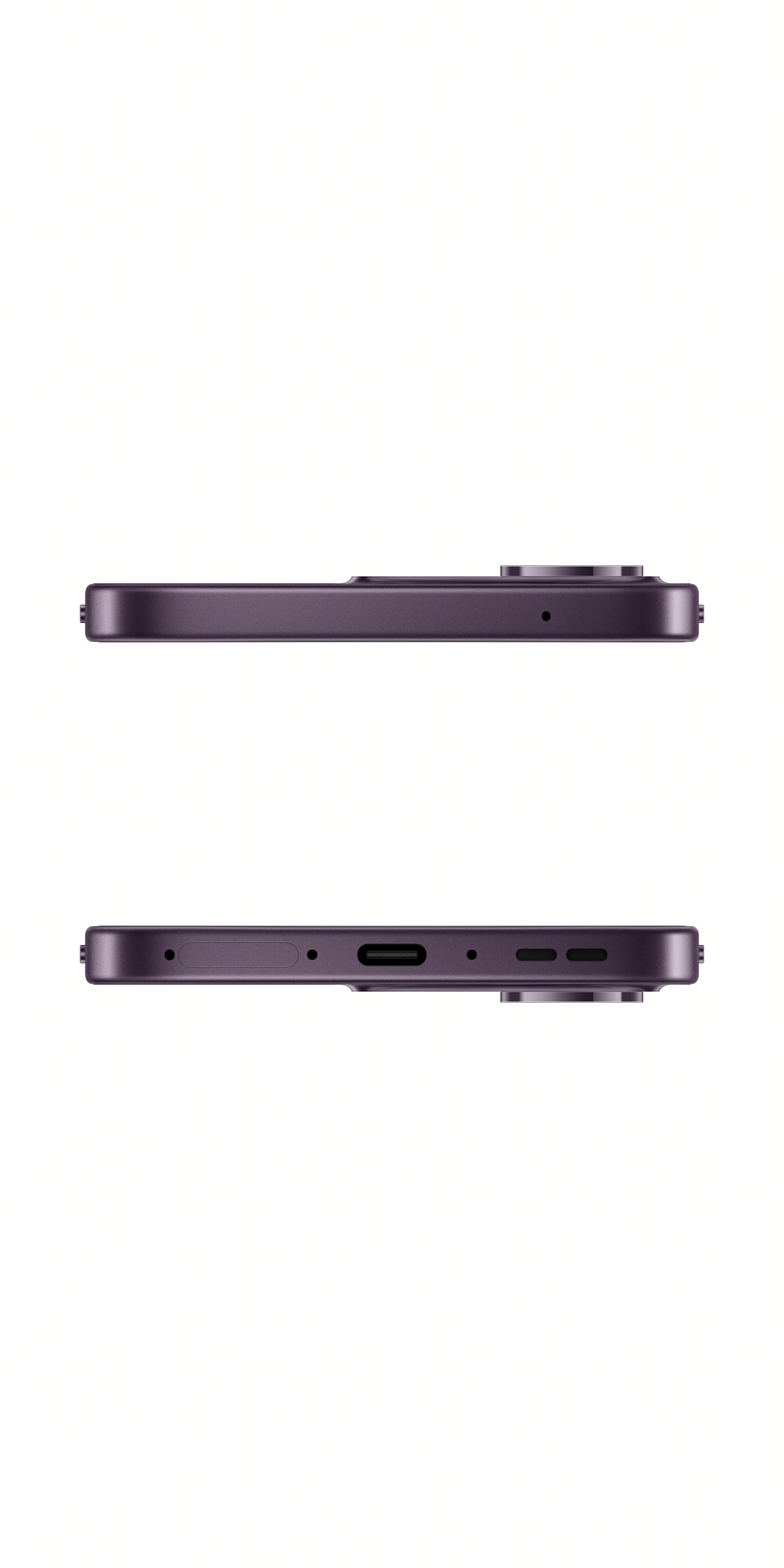 Mor akıllı telefon yan görünüm, USB-C bağlantı noktası ve hoparlör ızgaraları.