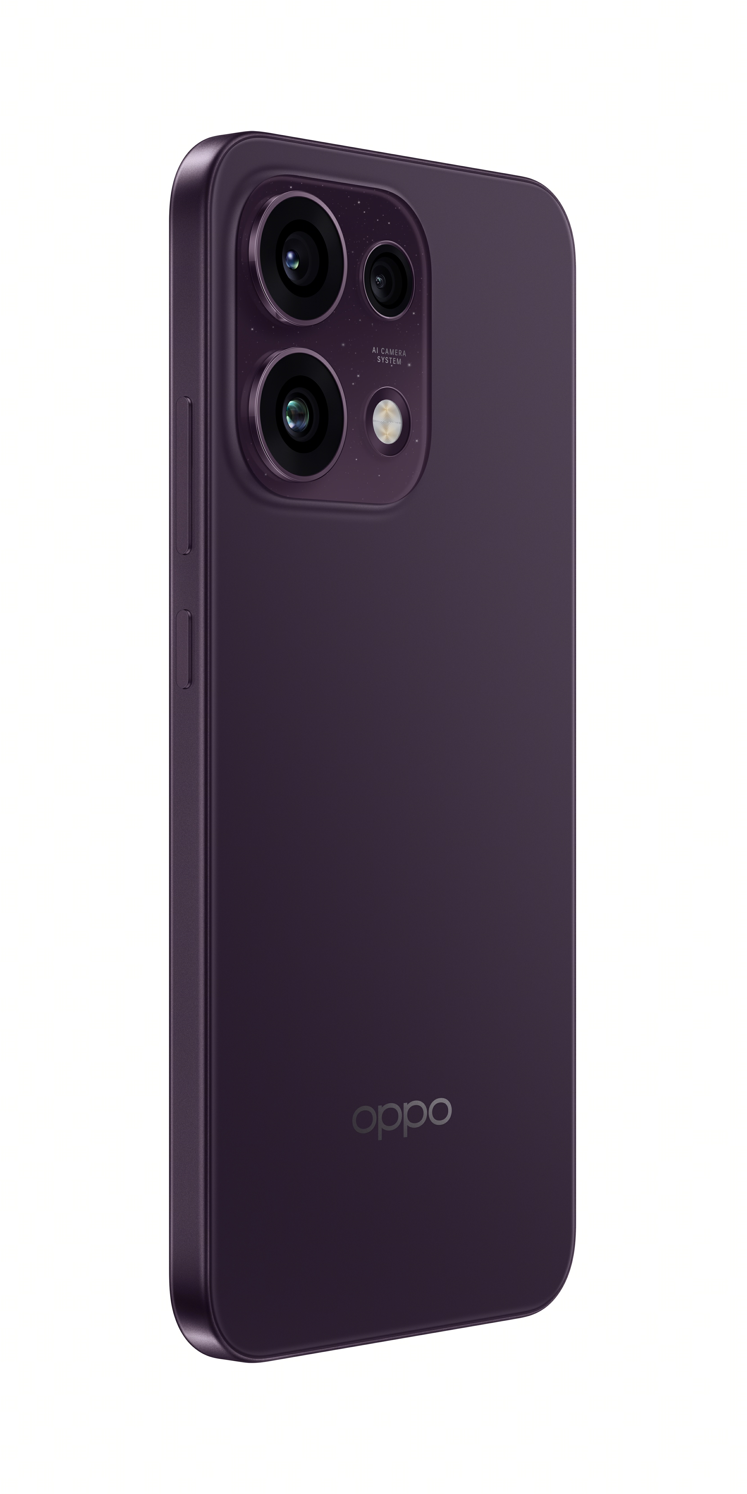 Mor akıllı telefon, kamera sistemi ve Oppo logosu beyaz arka planda.