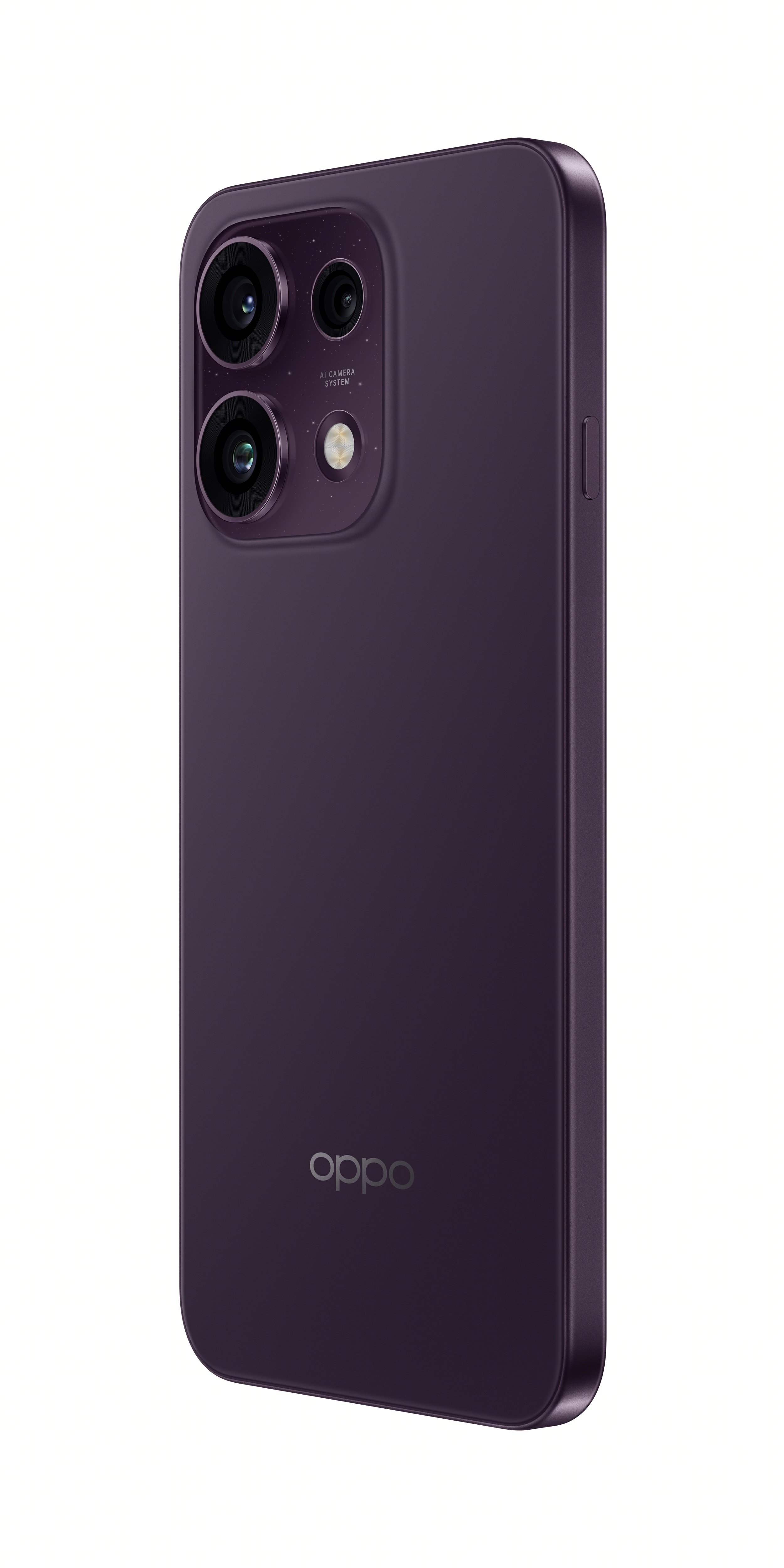Kamera dizilimli koyu mor akıllı telefon ve OPPO logosu beyaz arka planda.