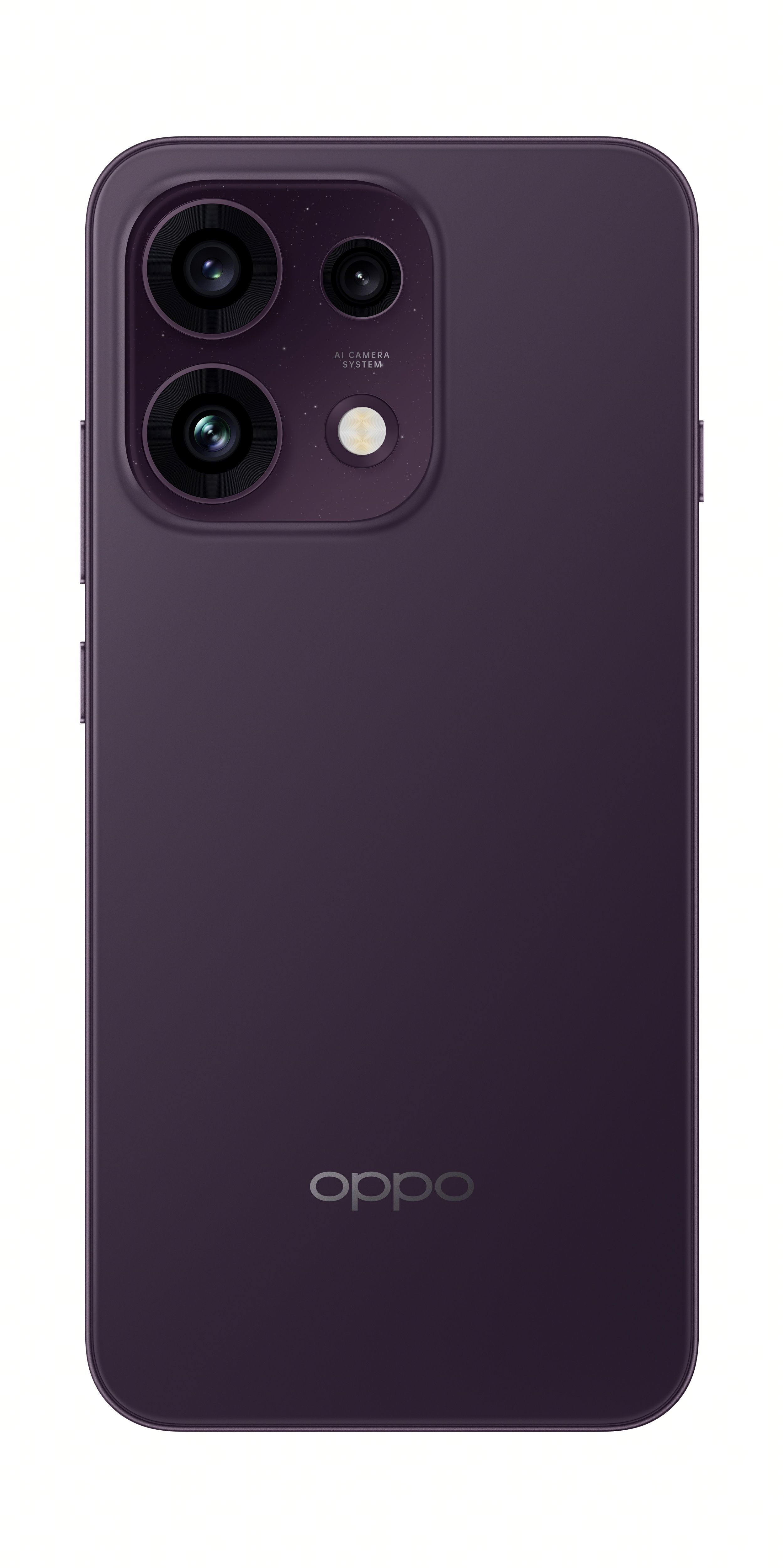 Üç kameralı ve flaşlı mor bir OPPO akıllı telefonun arkası.