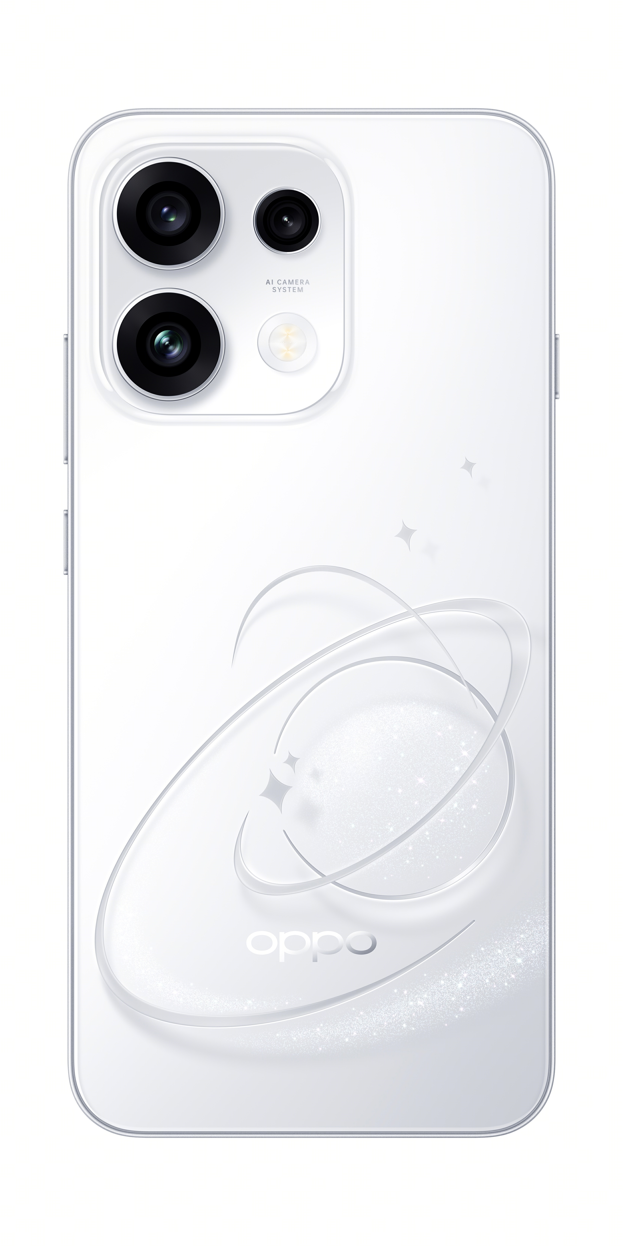 Üç kameralı beyaz akıllı telefonun arka yüzü ve OPPO logosu.