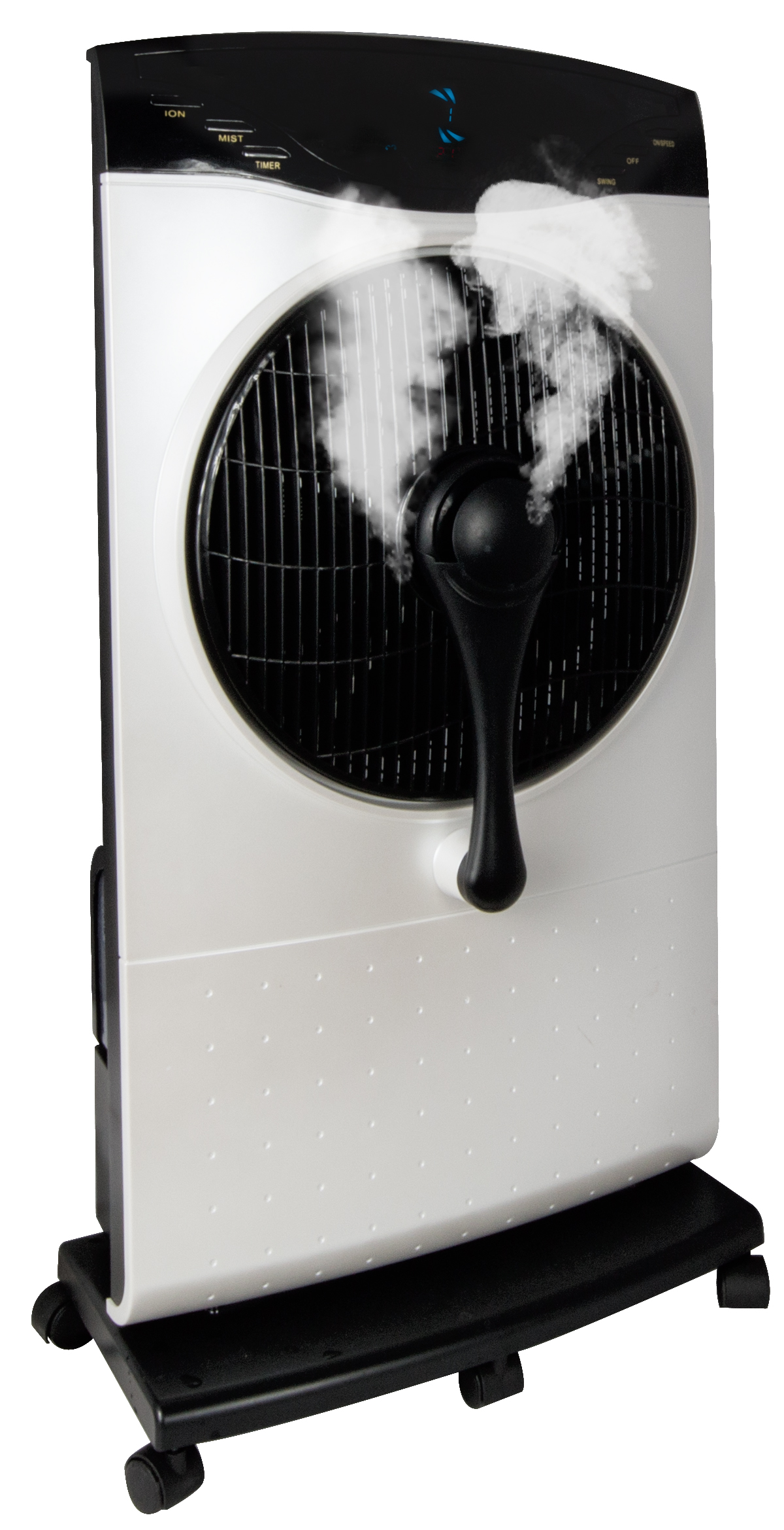 Ein weißer Ventilator mit schwarzem Bedienfeld und Rädern, der Nebel versprüht.