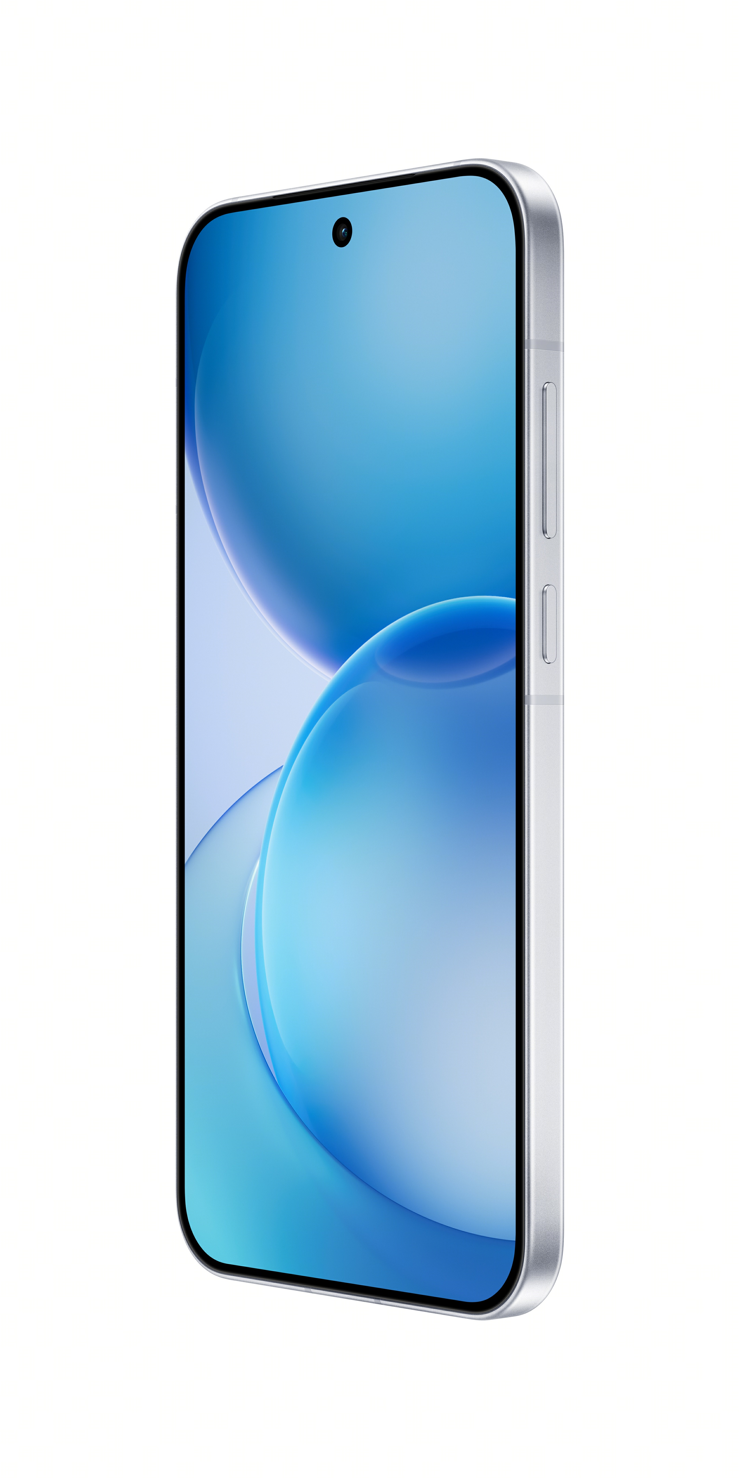 Yan görünümde, mavi arka planlı gümüş rengi akıllı telefon.