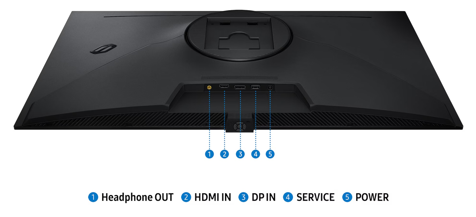 Tył czarnego monitora z portami: słuchawki, HDMI, DP, serwis, zasilanie.