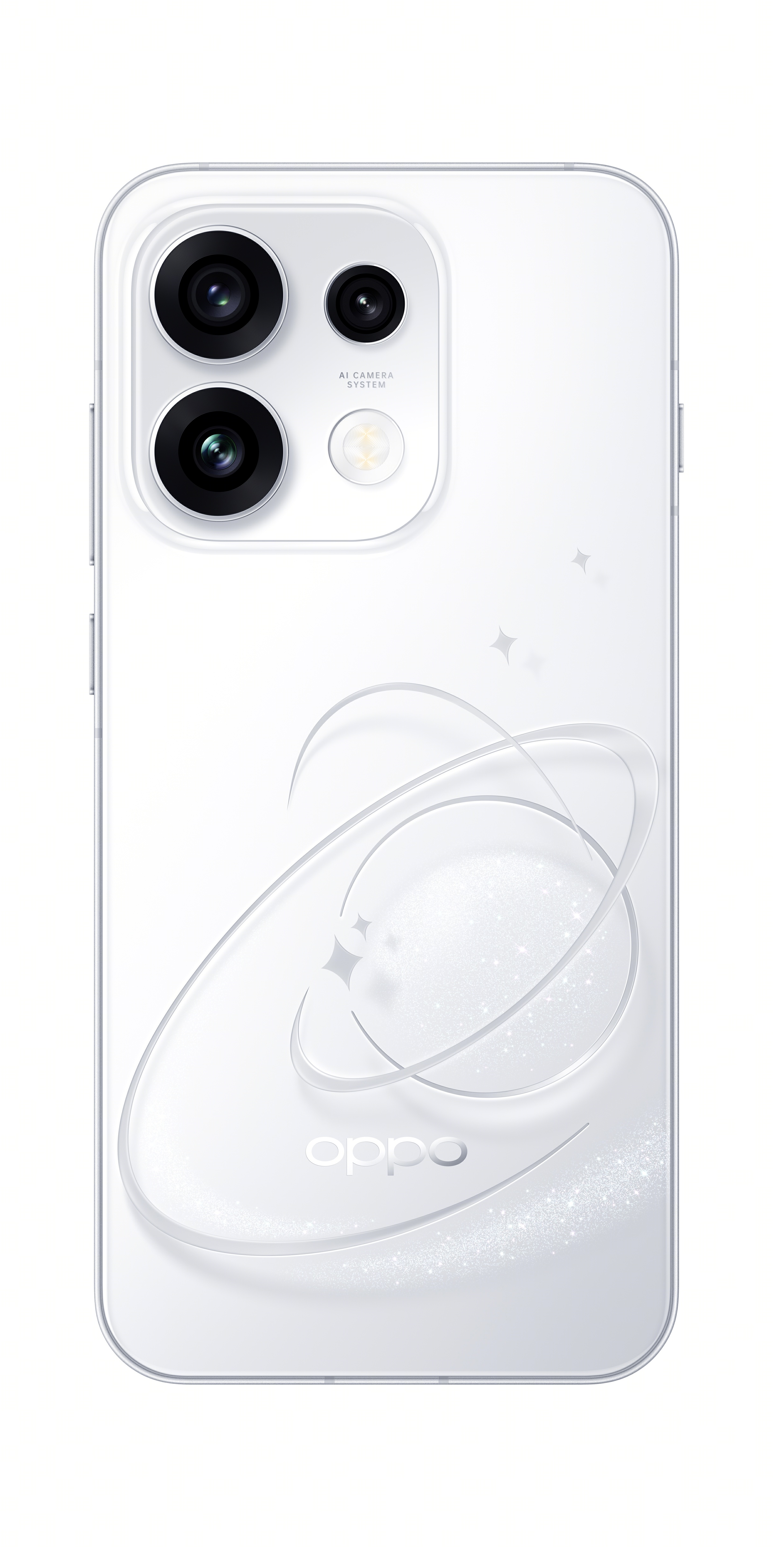 Üçlü kameraya ve OPPO logosuna sahip beyaz akıllı telefonun arkası.