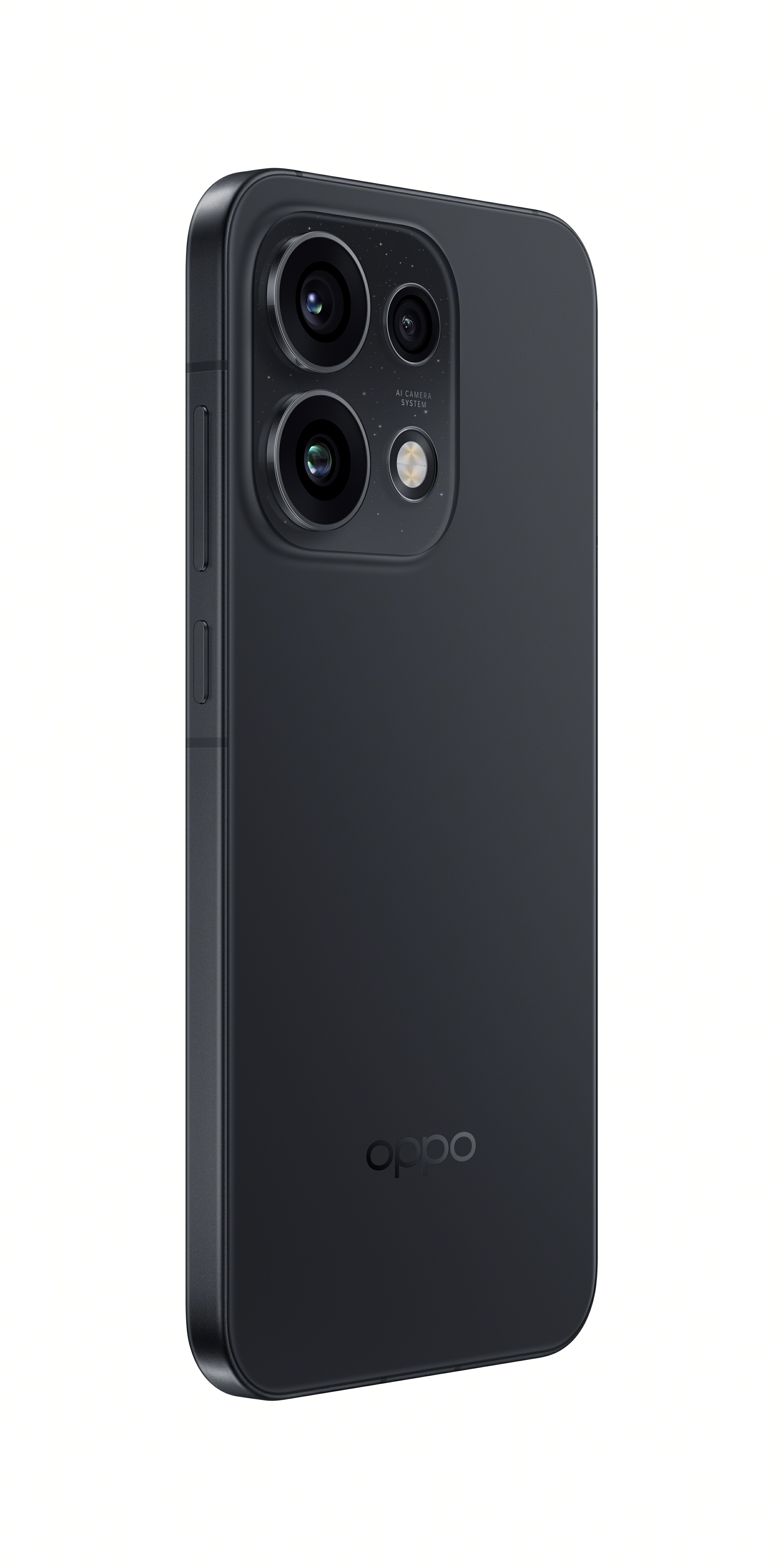 Yapay zeka kamera sistemli ve OPPO logolu siyah akıllı telefon.
