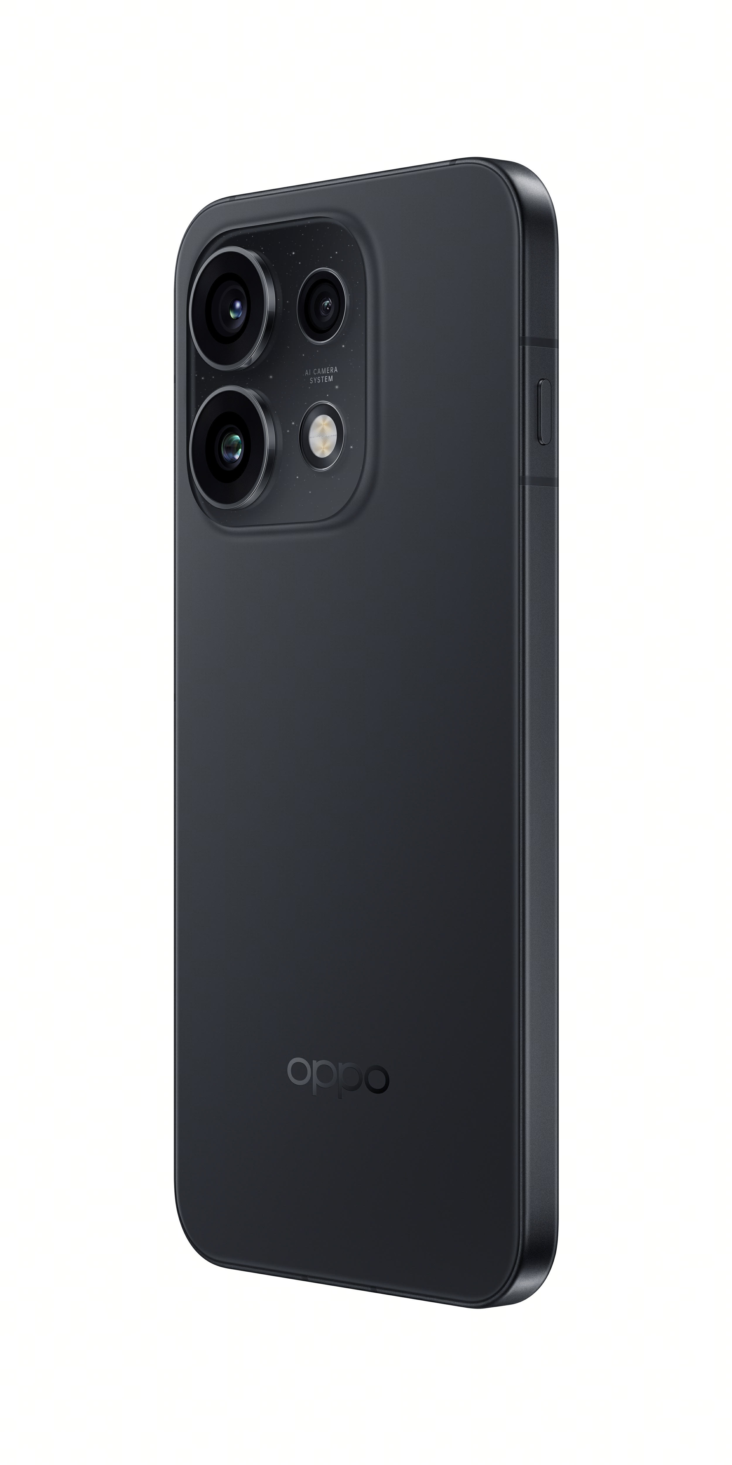 Üç kamera lensi ve logosu olan siyah bir Oppo akıllı telefonun arkası.
