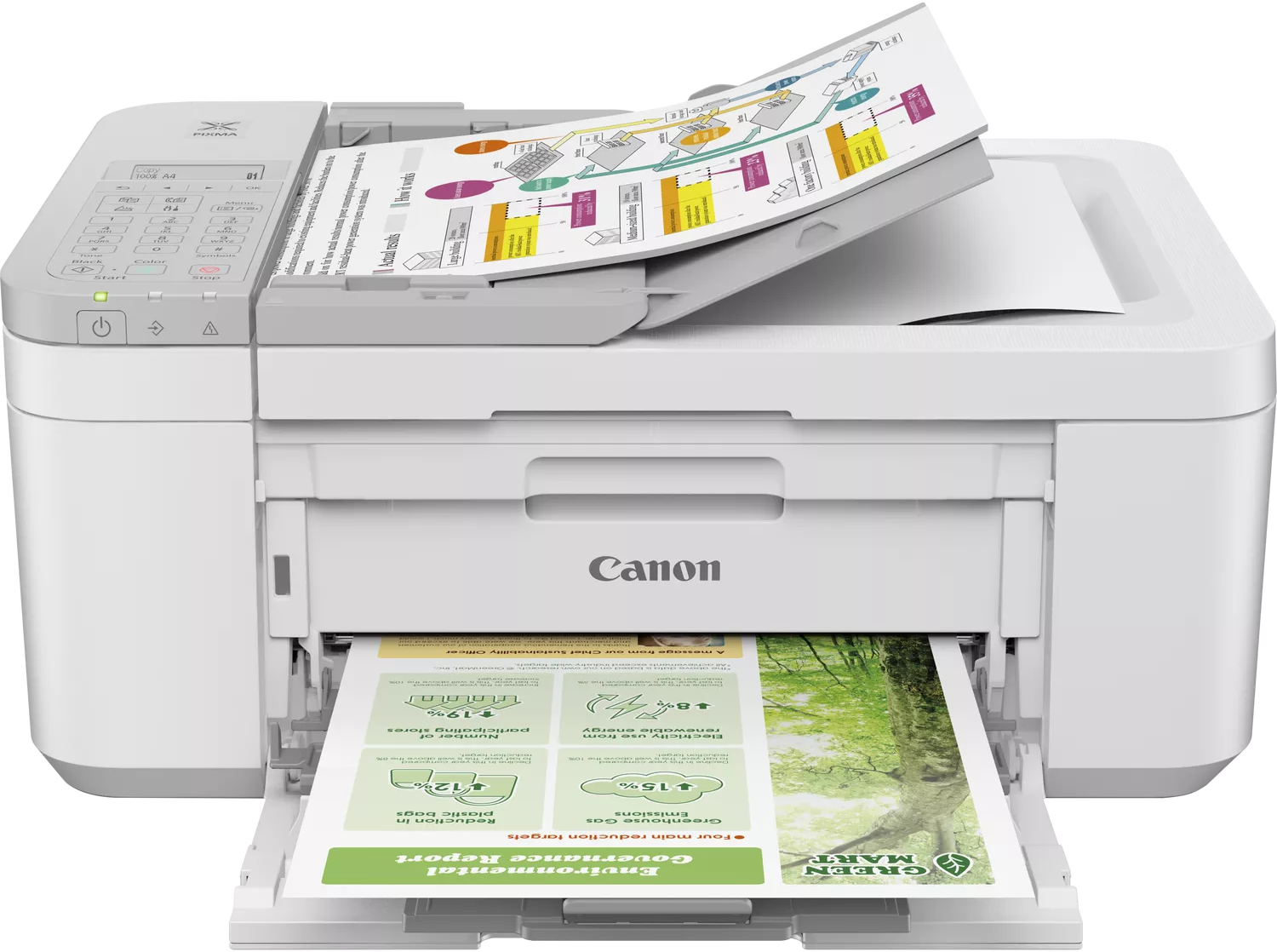 Ein weißer Canon Drucker druckt ein Umweltbericht mit Diagrammen und Bildern von Bäumen.