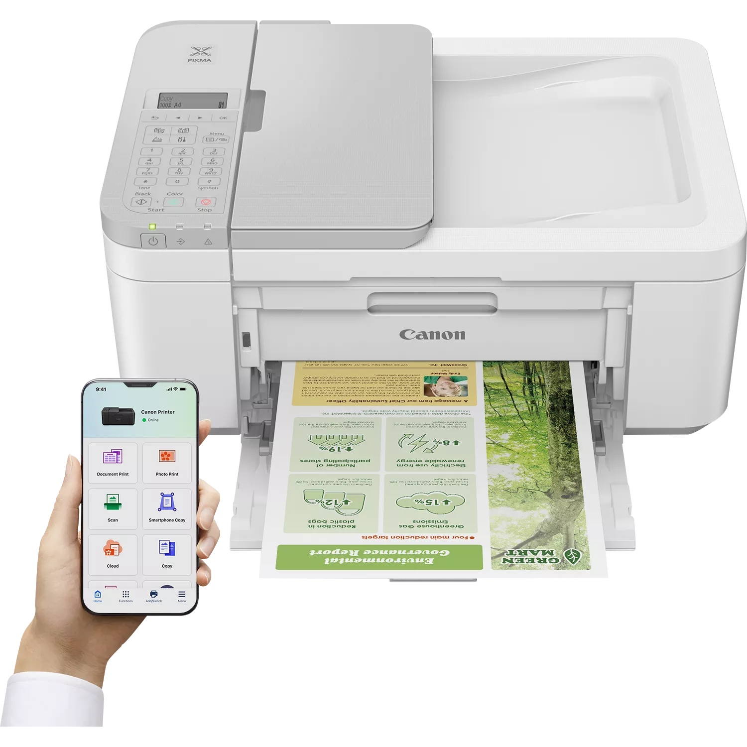 Ein Canon PIXMA Drucker mit Smartphone-App daneben. Ein Bericht wird gedruckt.