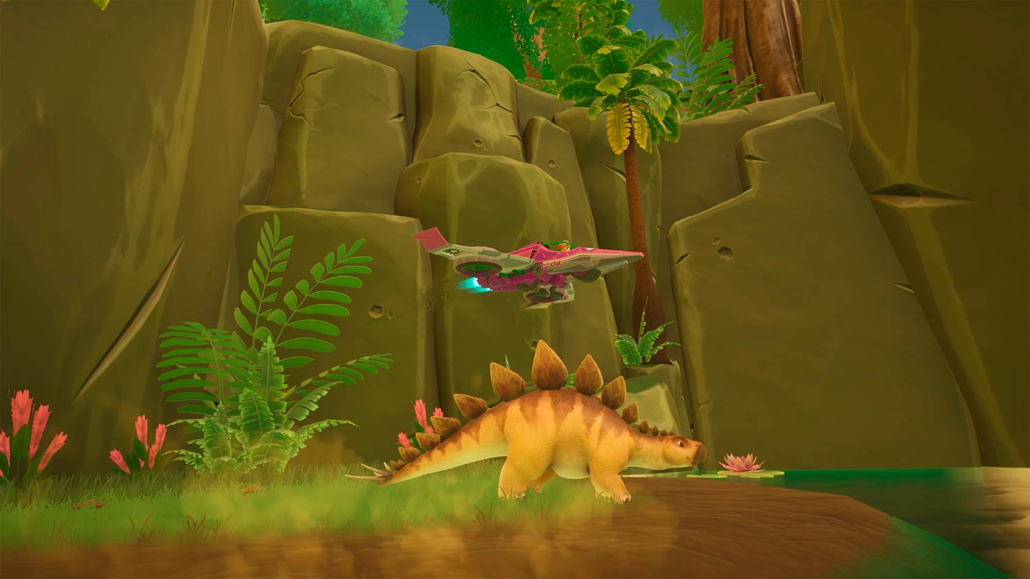 Un Stegosaurus y un avión rosa frente a un acantilado rocoso.