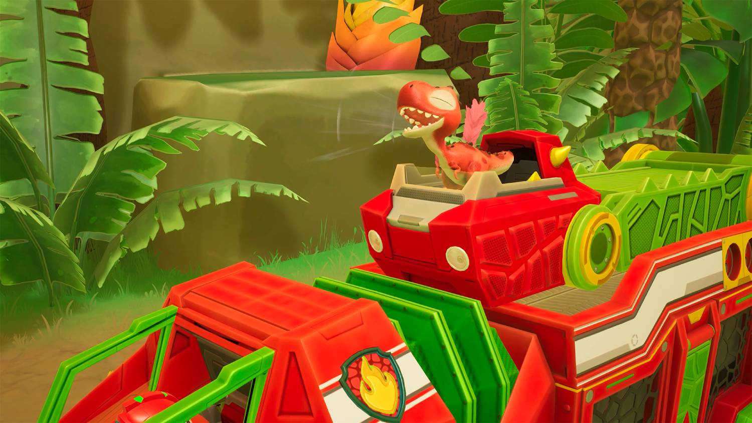 Un dinosaurio rojo viaja en un vehículo rojo y verde por una jungla.