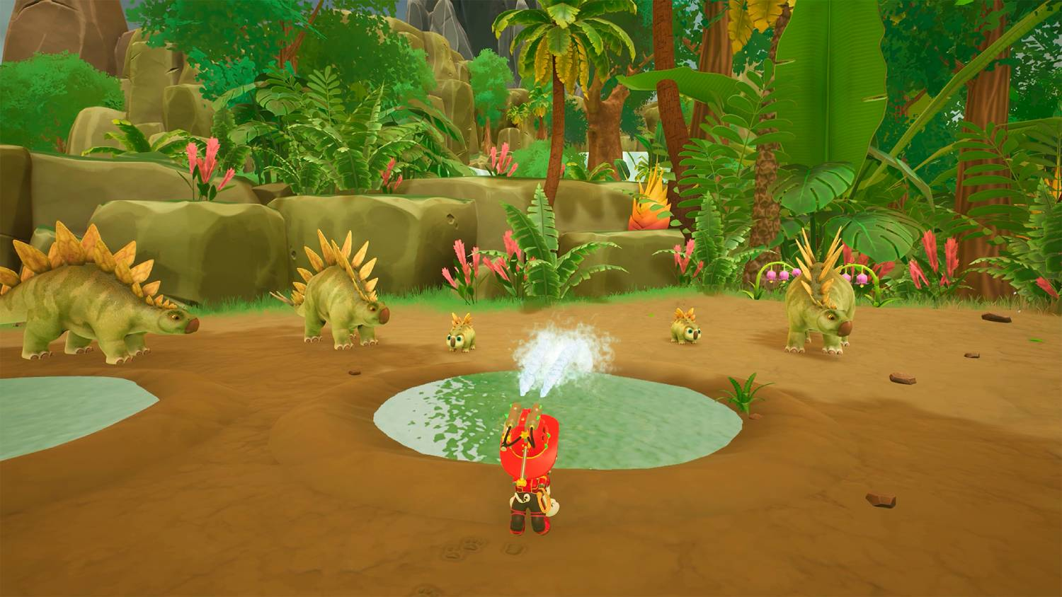 Un jugador está ante un estanque, rodeado de dinosaurios y vegetación exuberante.