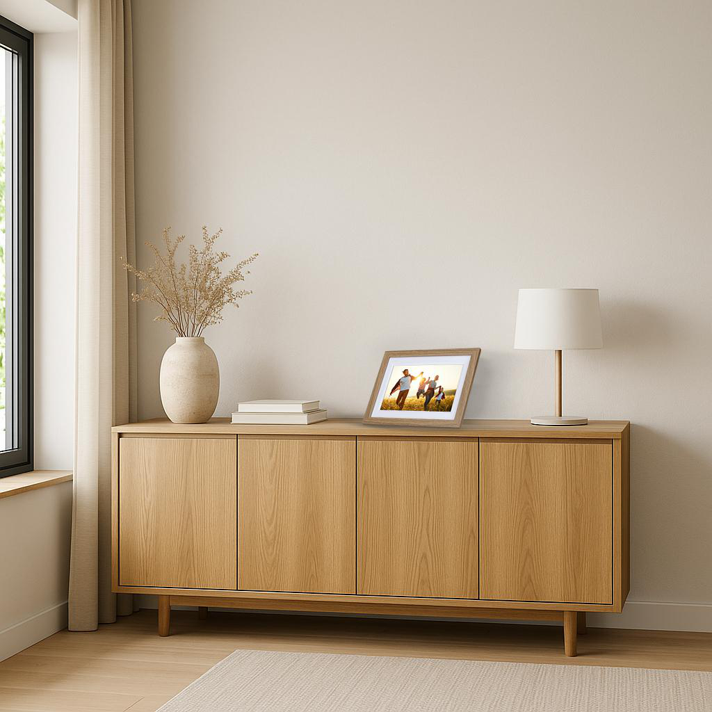 Ein hölzerner Sideboard mit einem gerahmten Foto einer Familie im Sonnenuntergang.