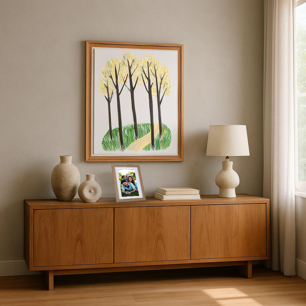 Ein Holzbüfett mit Vasen, einem Bilderrahmen, Büchern und einer Lampe.