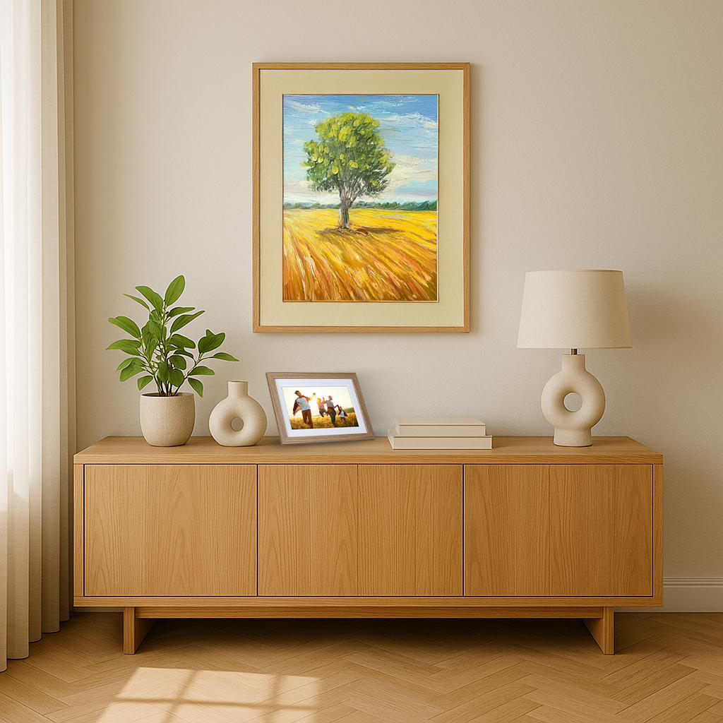 Gerahmtes Bild eines Baumes in einem goldenen Feld über einem Nachttisch mit Lampe.