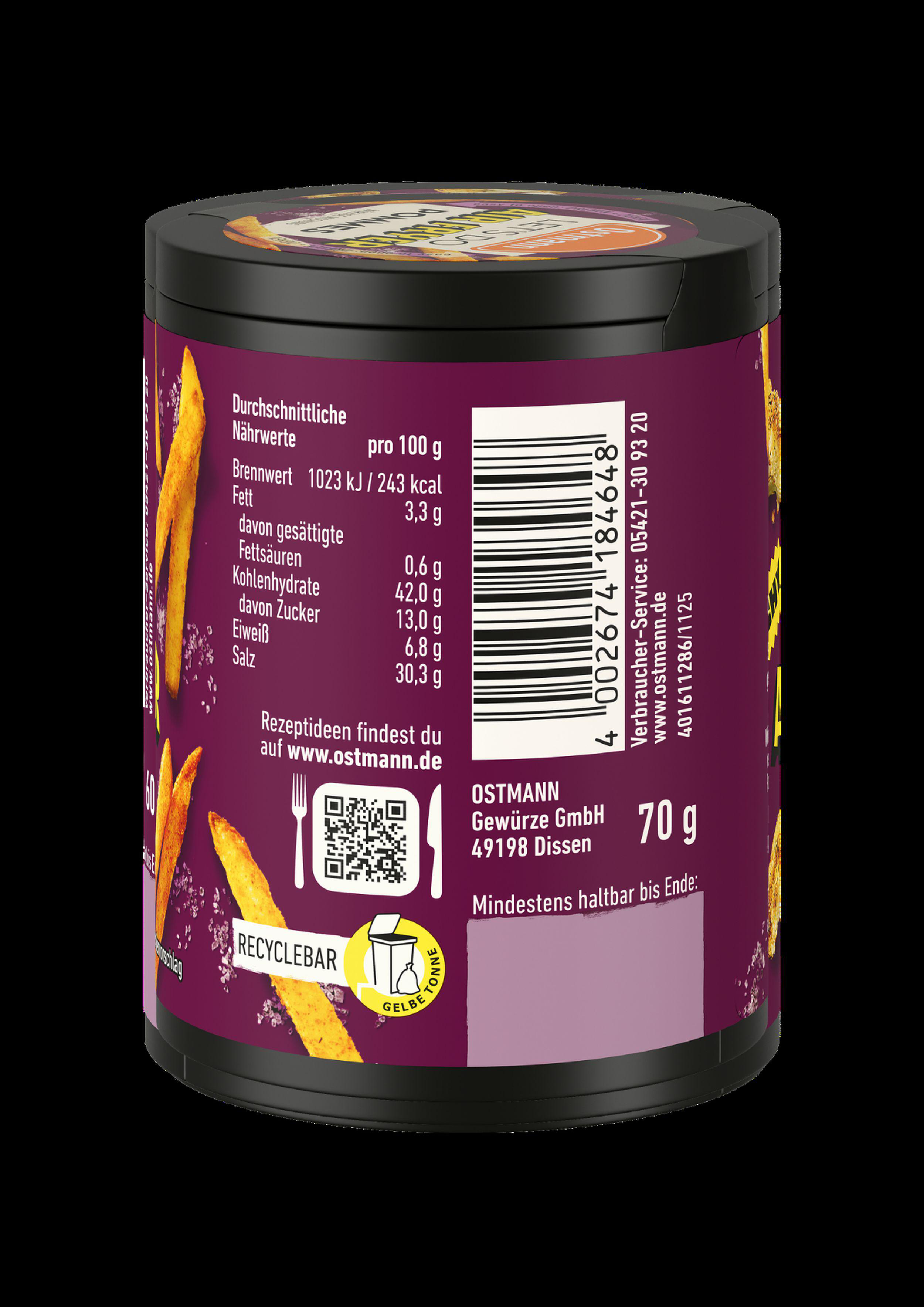 Ostmann Gewürzdose mit Nährwertangaben, Barcode und Bild von Pommes frites.