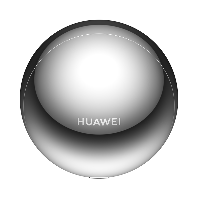 Un altavoz esférico plateado de Huawei con superficie reflectante.