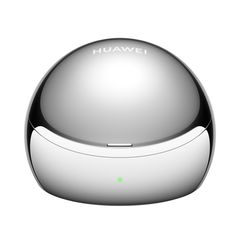 Un estuche plateado brillante para auriculares Huawei con luz indicadora verde.