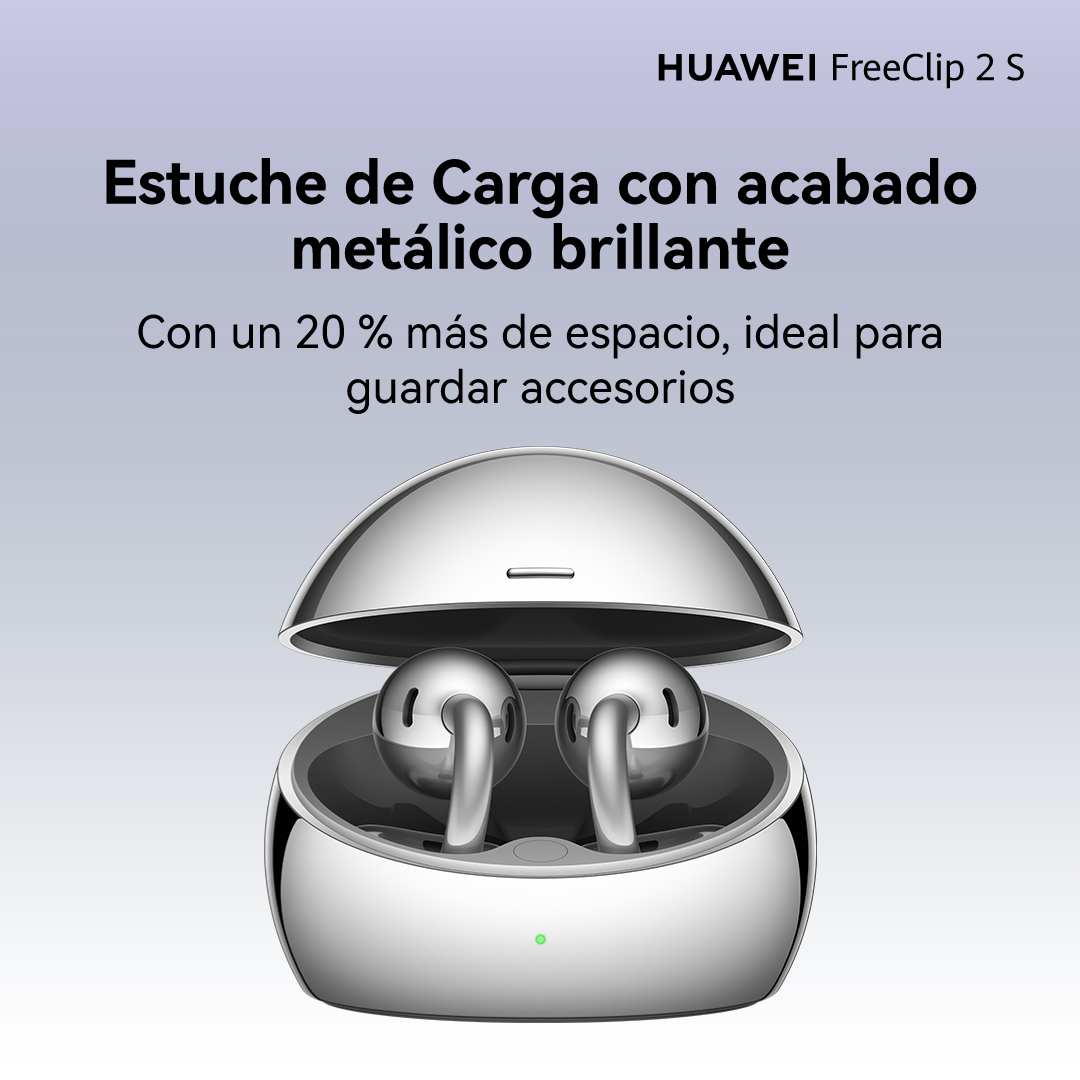 Estuche de carga HUAWEI FreeClip 2 S con acabado metálico brillante, ideal para accesorios.