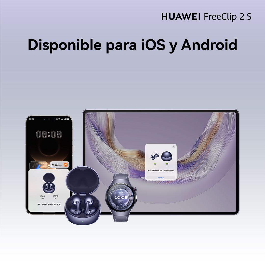 Huawei FreeClip 2 S: Teléfono, tableta, audífonos y reloj.