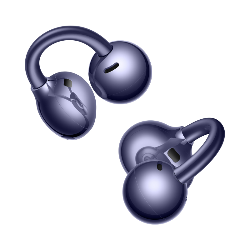 Dos auriculares inalámbricos azul oscuro con ganchos para la oreja en forma de gancho.