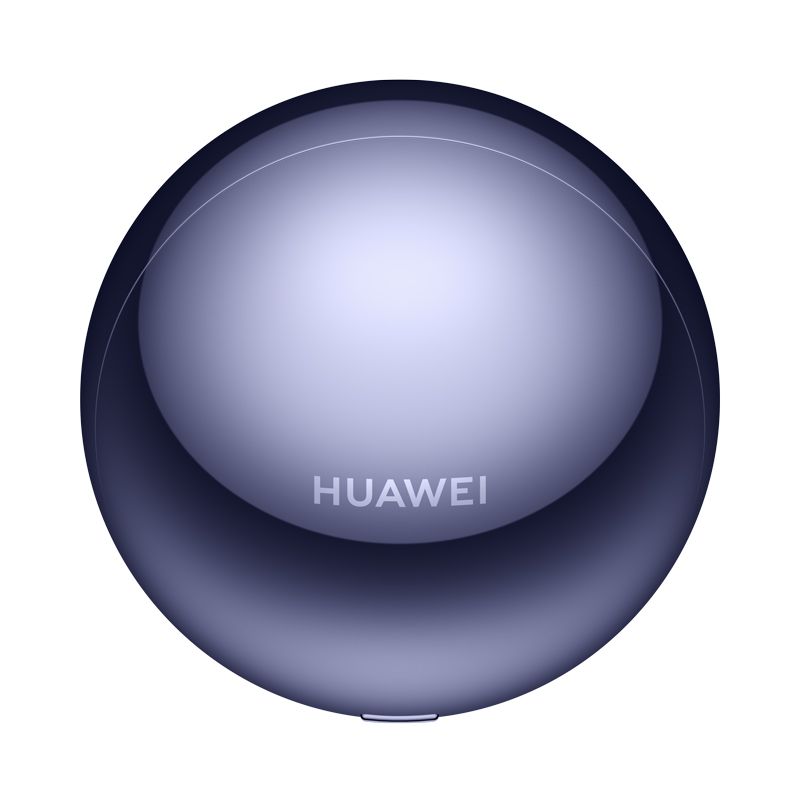 Un objeto redondo, brillante y azul oscuro con el logo de Huawei en el centro.