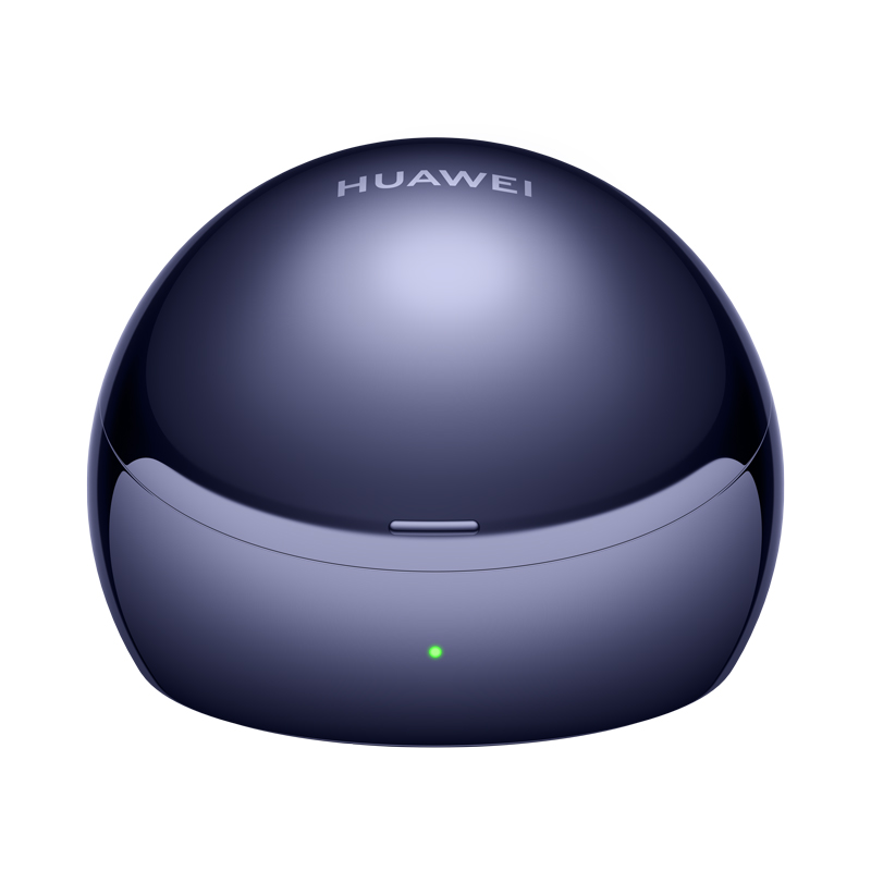 Un estuche de carga Huawei azul oscuro y brillante con luz indicadora verde.