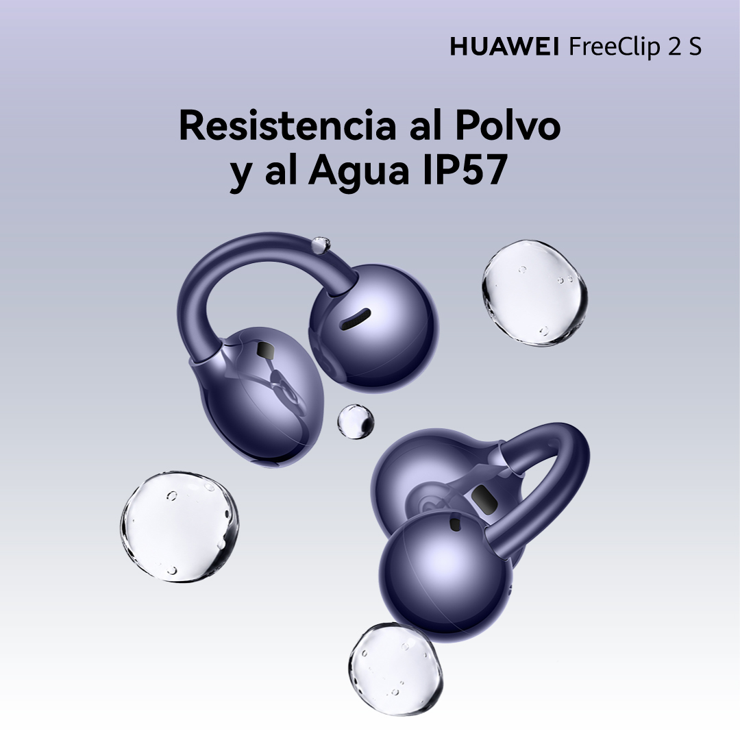 HUAWEI FreeClip 2 S con gotas de agua. Resistente al polvo y agua IP57.