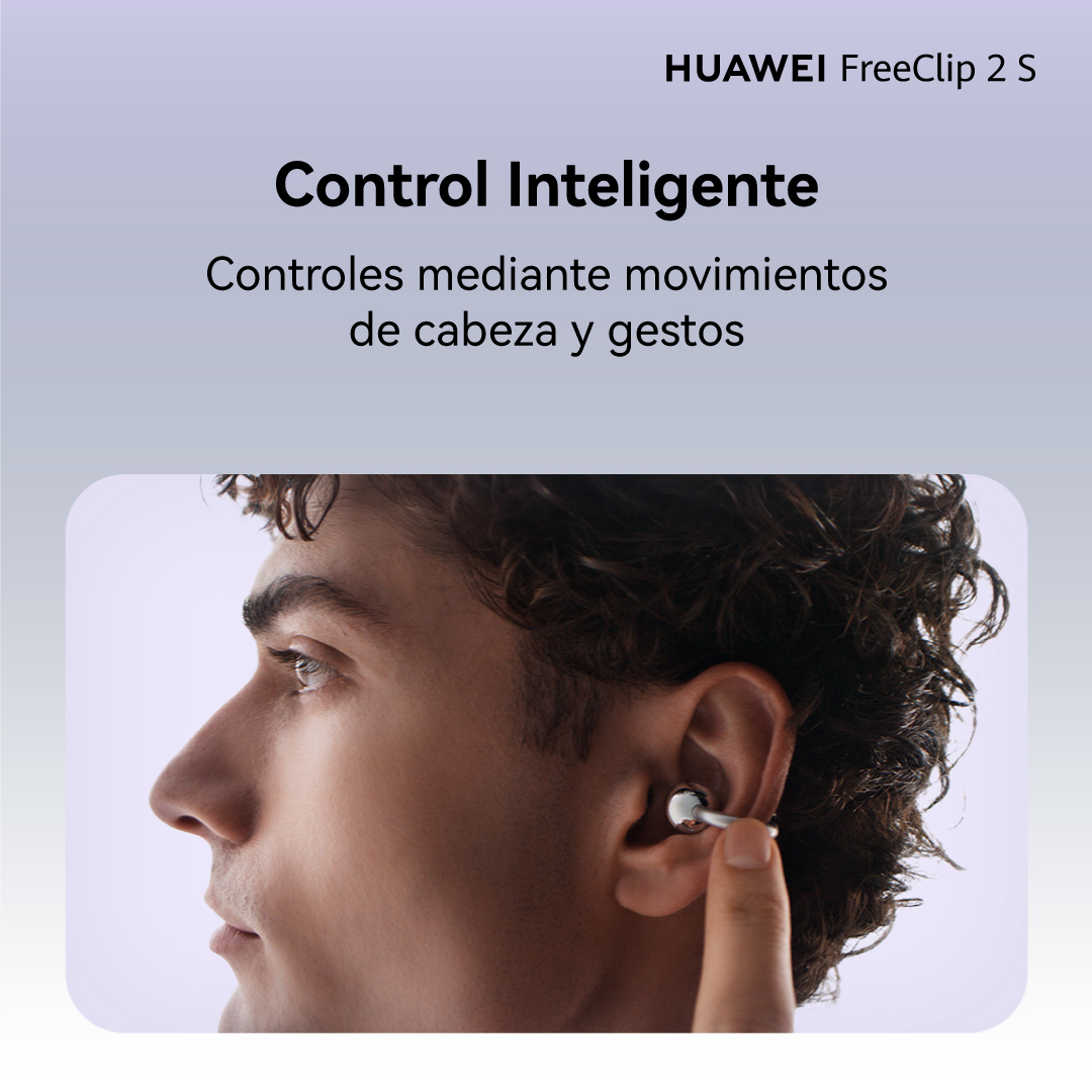 Hombre con auriculares Huawei FreeClip 2 S, control inteligente por movimientos de cabeza.