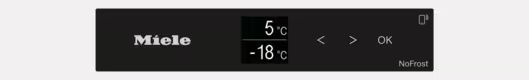 Pantalla Miele muestra 5°C y -18°C. Flechas de navegación y OK.