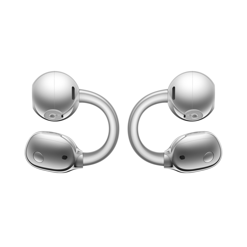 Dos auriculares inalámbricos blancos con tallos curvos sobre fondo blanco.